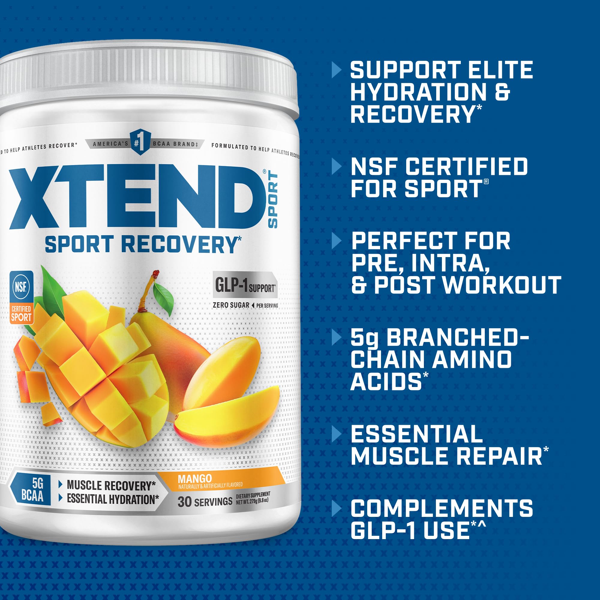 Xtend Sport BCAA Powder for Recovery, Mango, 30 Servings | Mango flavor with 5g BCAAs & electrolytes for muscle recovery, hydration and daily performance.