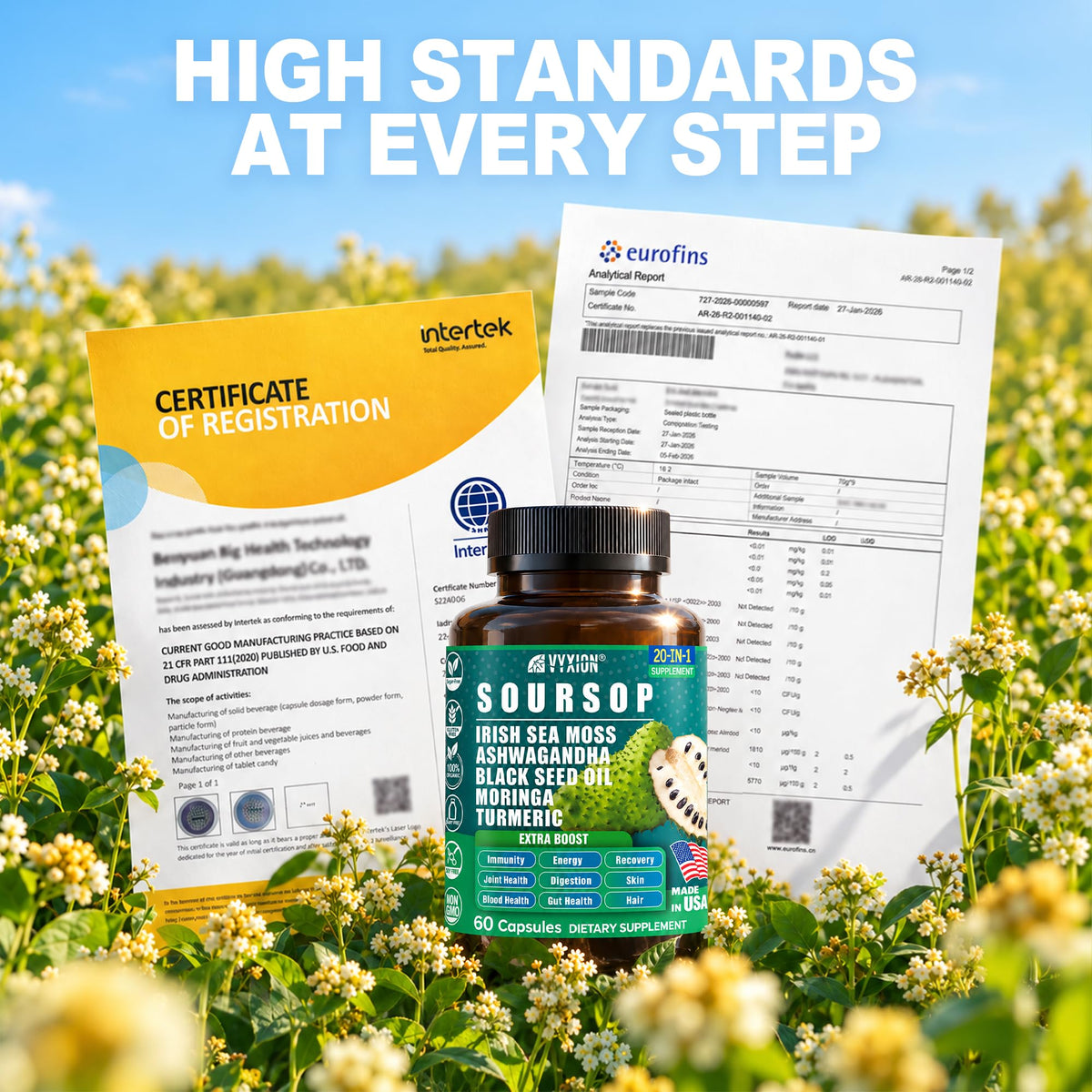 Soursop Graviola Supplement with Sea Moss, Moringa, Turmeric, Black Seed Oil, Oregano, Ashwagandha | 20-in-One Herbal extracts for Overall Health-Enhancing | Vegan, Non-GMO | 60 Capsules
