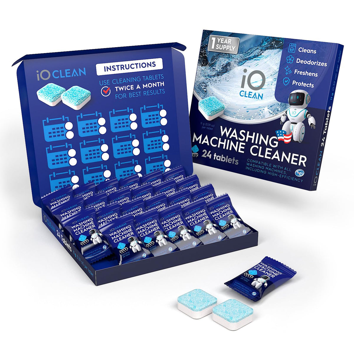 iO CLEAN Washing Machine Cleaner Descaler Tablets, 24 Count |1 Year Supply