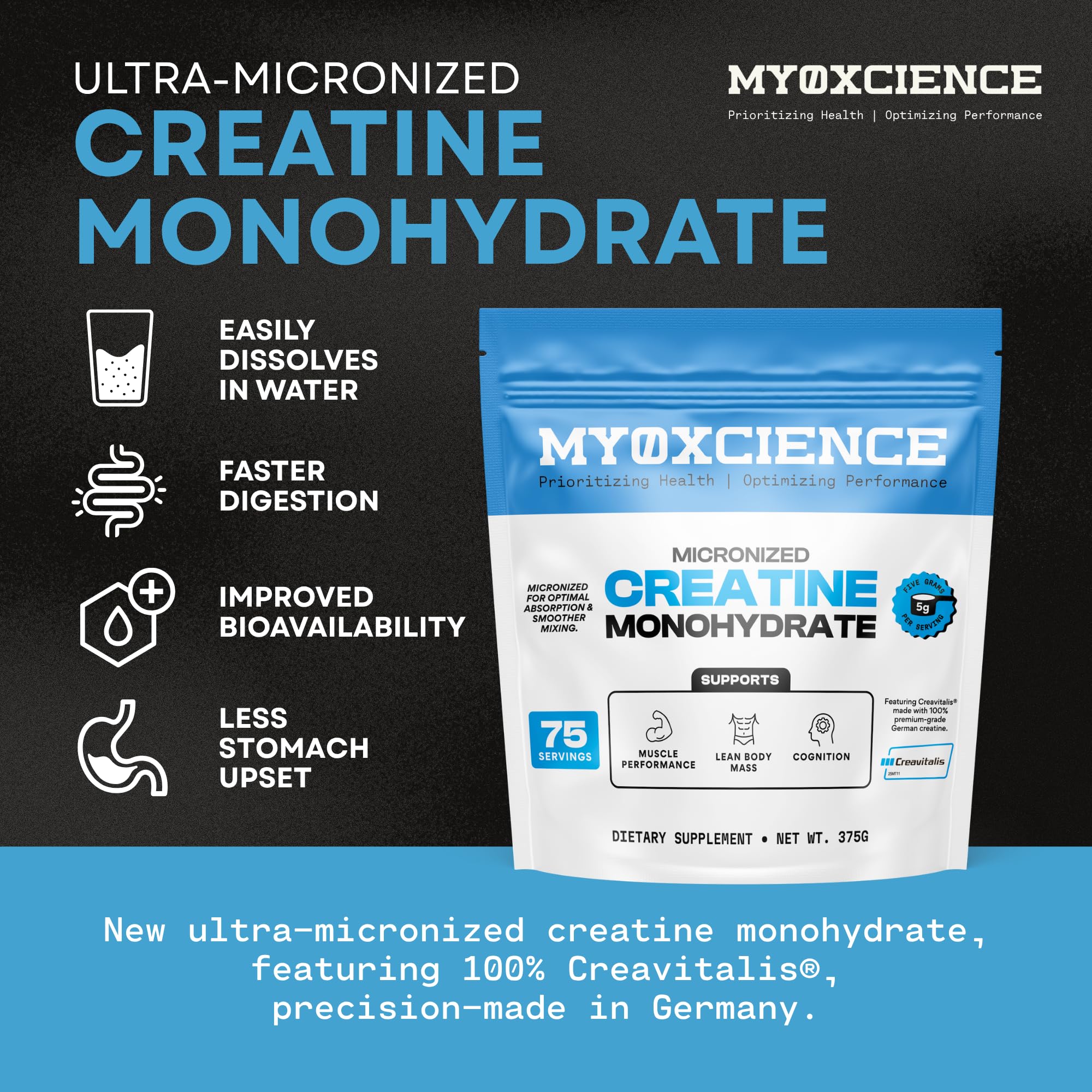 MYOXCIENCE Micronized Creavitalis Creatine | The World’s Purest Micronized Form of Creatine Monohydrate | Supports Muscle Performance, Lean Body Mass, & Cognition | 75 Servings