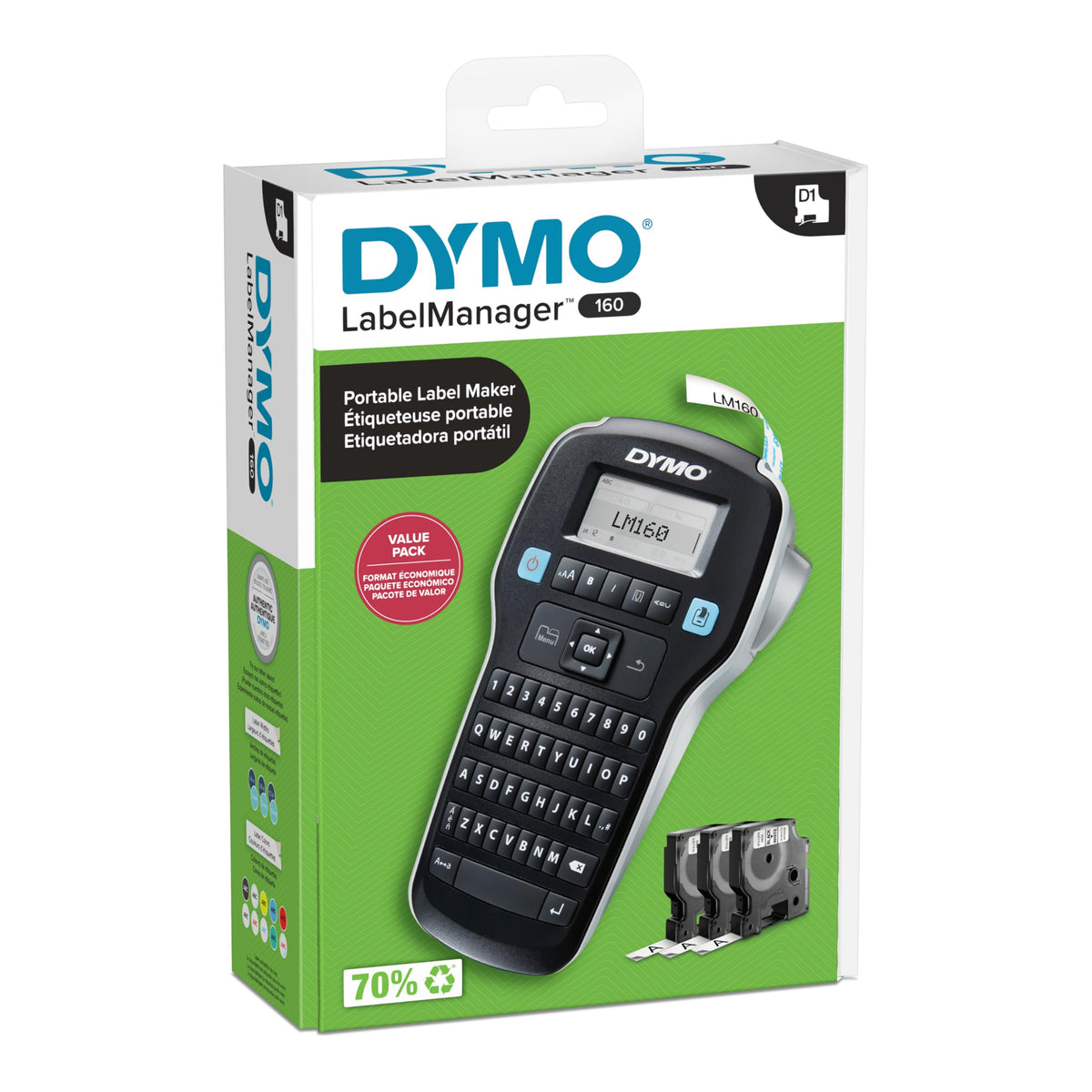 DYMO LabelManager 160 Label Maker Bundle with 3 D1 Label Cassettes, Portable Handheld, QWERTY Keyboard, One-Touch Smart Keys, Large Display, Home & Office Organization