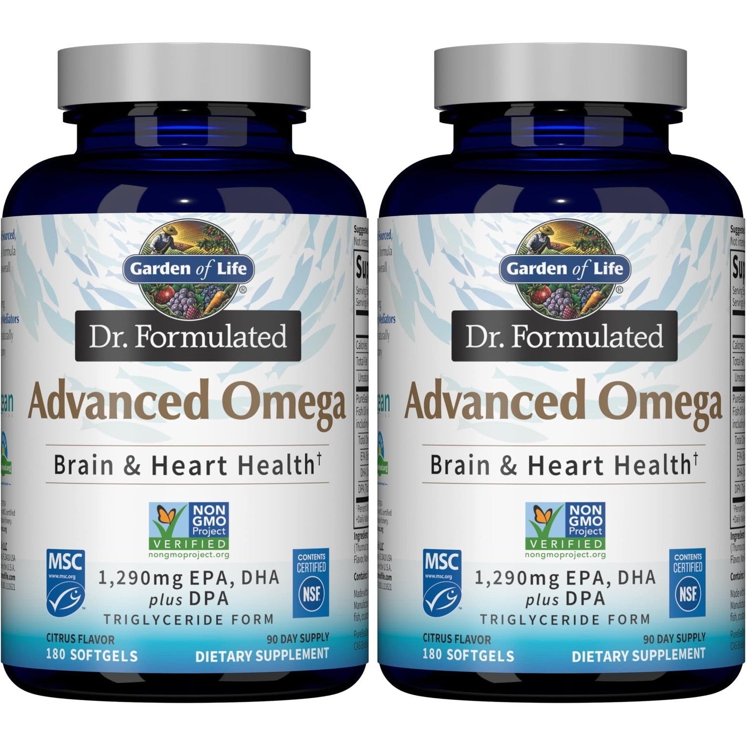 Garden of Life Dr. Formulated Advanced Omega Fish Oil - Lemon, 1,290mg EPA, DHA + DPA in Triglyceride Form, Single Source Omega 3 Supplement for Ultimate Brain & Heart Health, Non-GMO, 60 Softgels