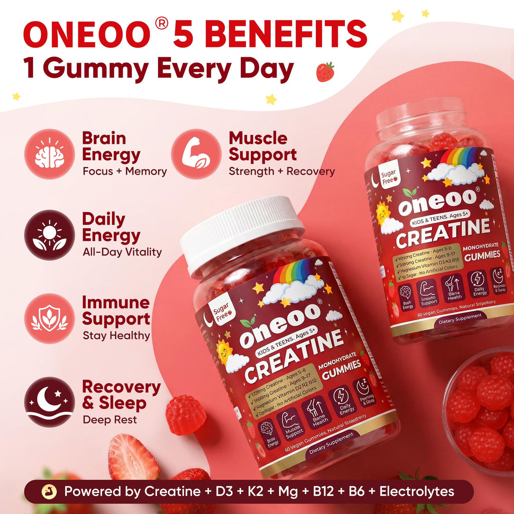 Creatine Monohydrate Gummies for Kids & Teens Ages 5+, with 1500mg-3000mg Creatine Monohydrate, with D3+K2 + Magnesium + B12, Supports Energy, Focus Bone & Brain Health, Sugar-Free, Strawberry 2 Pack