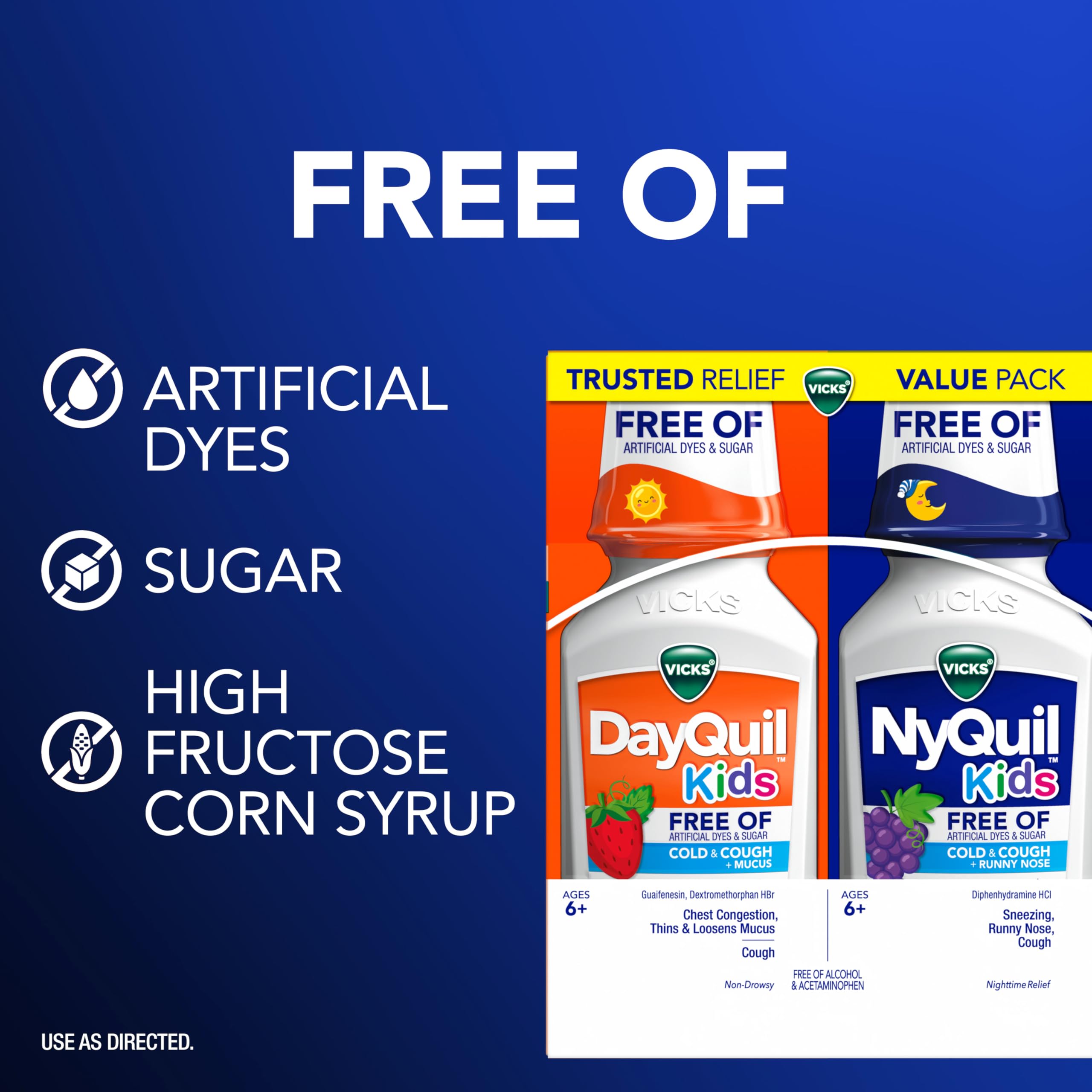 Buy now VICKS Kids DayQuil & NyQuil Cold & Cough Relief Liquid Co-Pack, Free of Artificial Dyes & Sugar, Multi-Symptom Relief of Cough, Sneezing, Runny Nose, Mucus, and Chest Congestion, for Ages 6+, 2x6oz at indiglob india