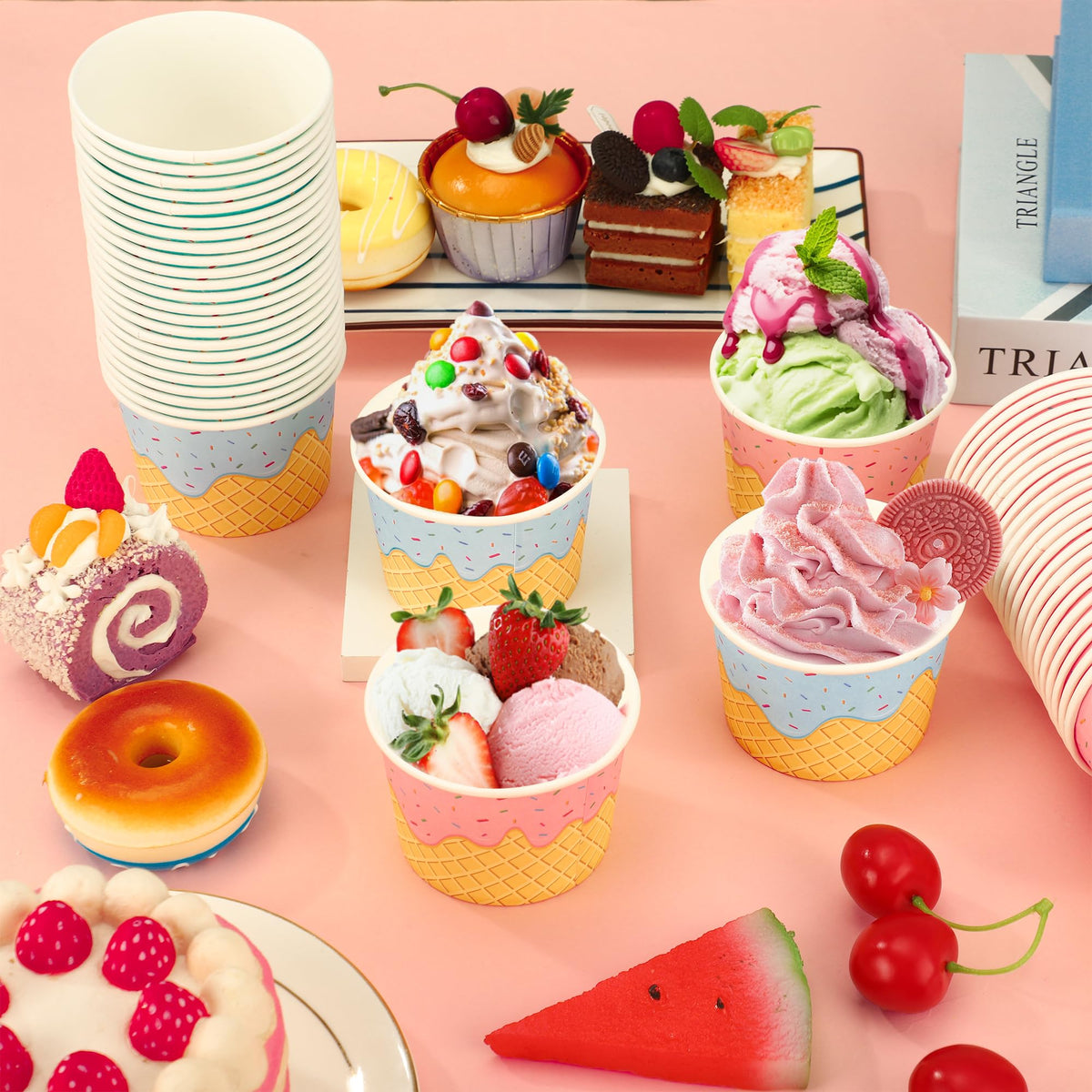 Augisteen 50 Pack Paper Ice Cream Cups 9oz Dessert Paper Bowls Disposable Ice Cream Party Bowls 2 Designs Treat Snack Cups for Hot or Cold Food Sundae Frozen Yogurt Soup Party Supplies