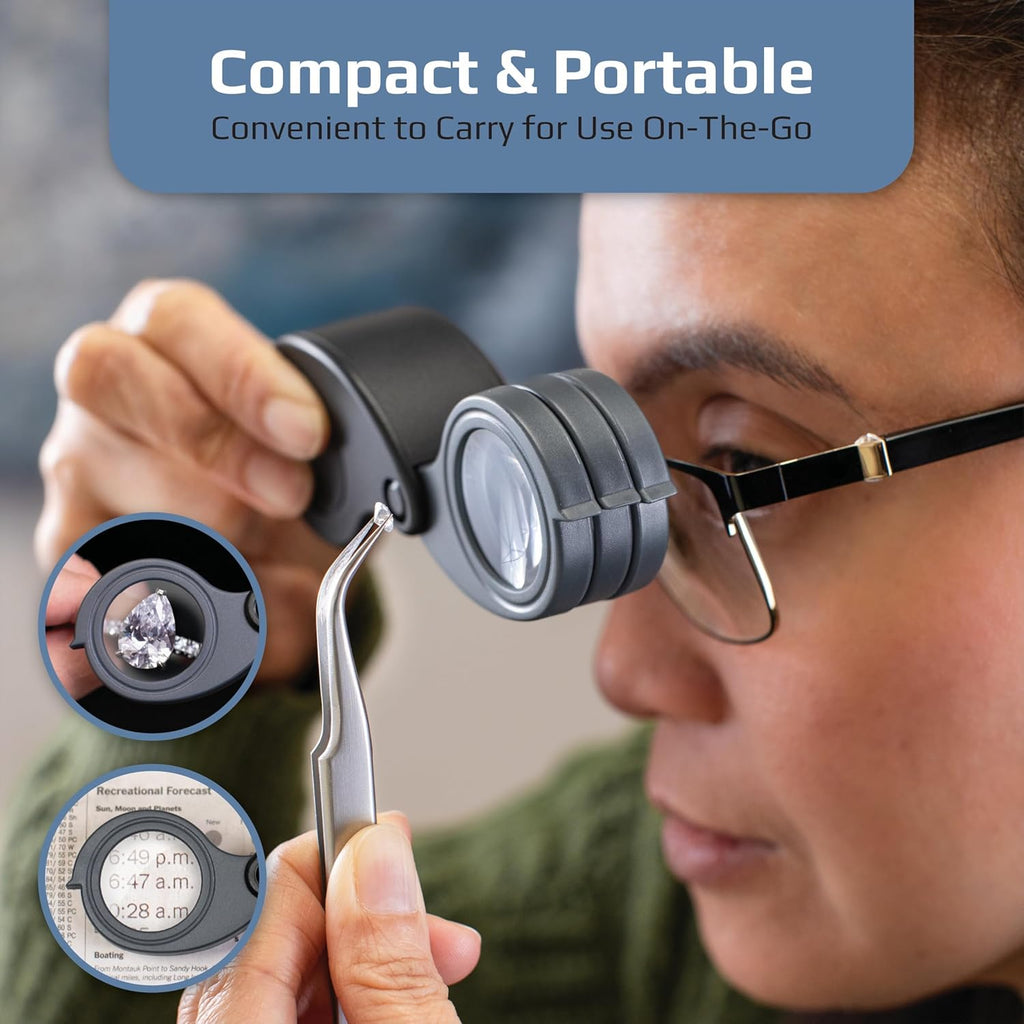 Buy now Carson TriView 5x/10x/15x Folding Loupe Magnifier with Built-in Case, 3-in-1 Portable Loupe Magnifying Glass - Adjustable Magnification, Great for Jewelry (TV-15) at indiglob india