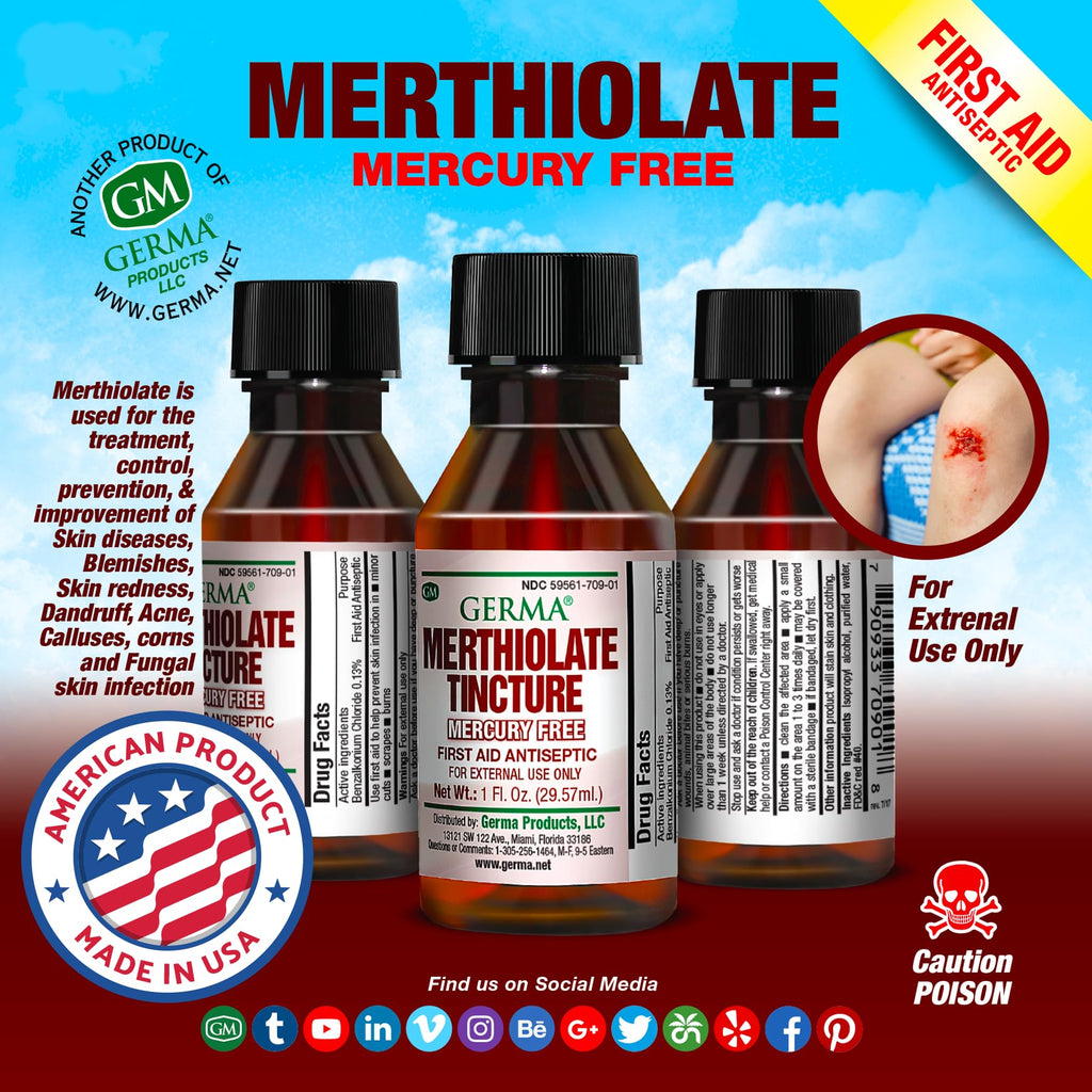 Germa Merthiolate Tincture - 1 oz - Mercury-Free First Aid Antiseptic for Minor Cuts and Scrapes