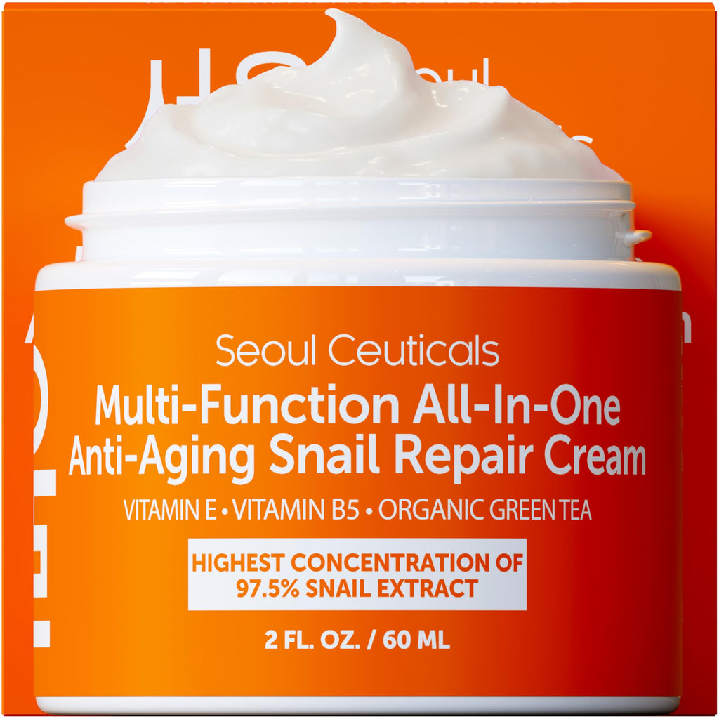 SeoulCeuticals 97.5% Snail Mucin Korean Face Moisturizer Day & Night Cream | 2oz Anti Wrinkle Anti Aging Repair, Natural Organic Cruelty Free Skin Care, K Beauty Facial Skincare for Oily Normal Dry Skin