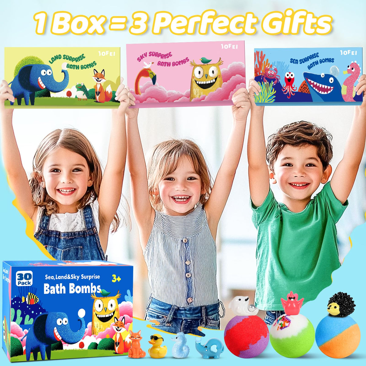 30 Pack Bath Bombs for Kids with Toys Inside, Kids Bath Bombs Gift Set with 30 Sea & Land & Sky Animal Surprise Toy, Child-Safe Natural Bubble Bath Toys, Birthday Gifts for Kids Boys Girls