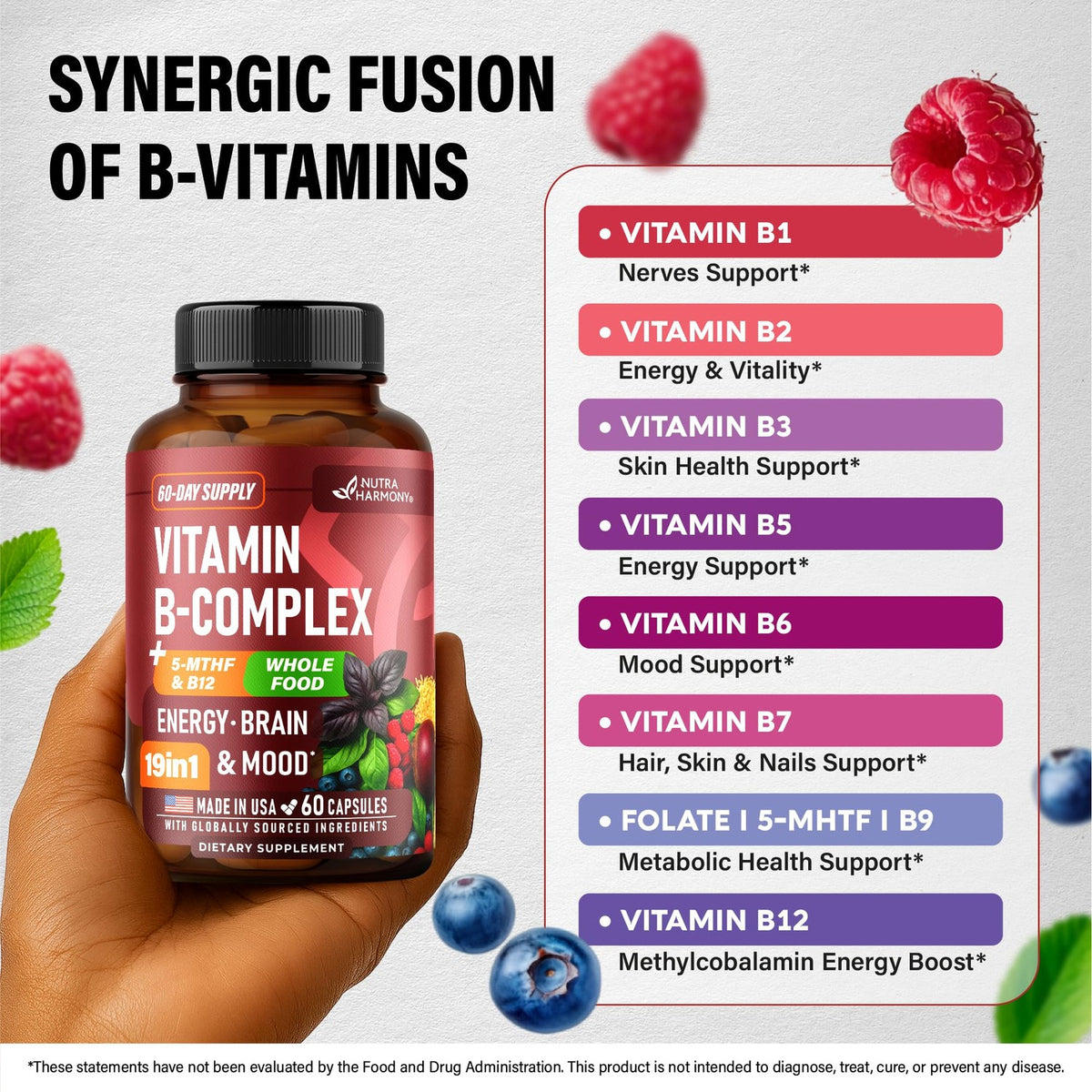 Vitamin B Complex: B1, B2, B3, B5, B6, B7, B12, 5MTHF + Whole Food - 60Caps
