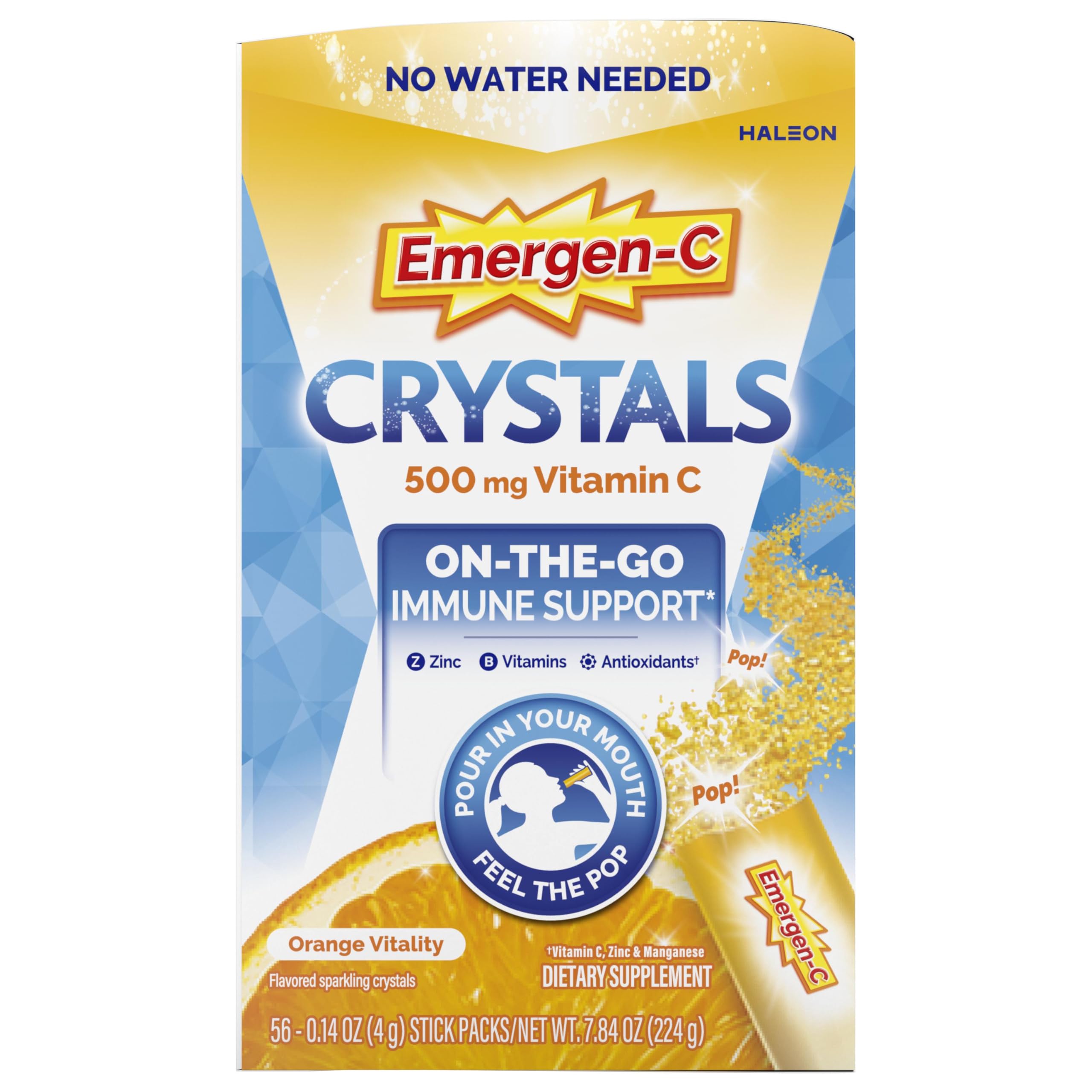 Emergen-C Vitamin C 500mg, Immune Support Crystals, Orange, 56 Packets | High Potency Vitamin C, B Vitamins for Energy, Zinc and Manganese, No Water Needed, Easy Pouch Format