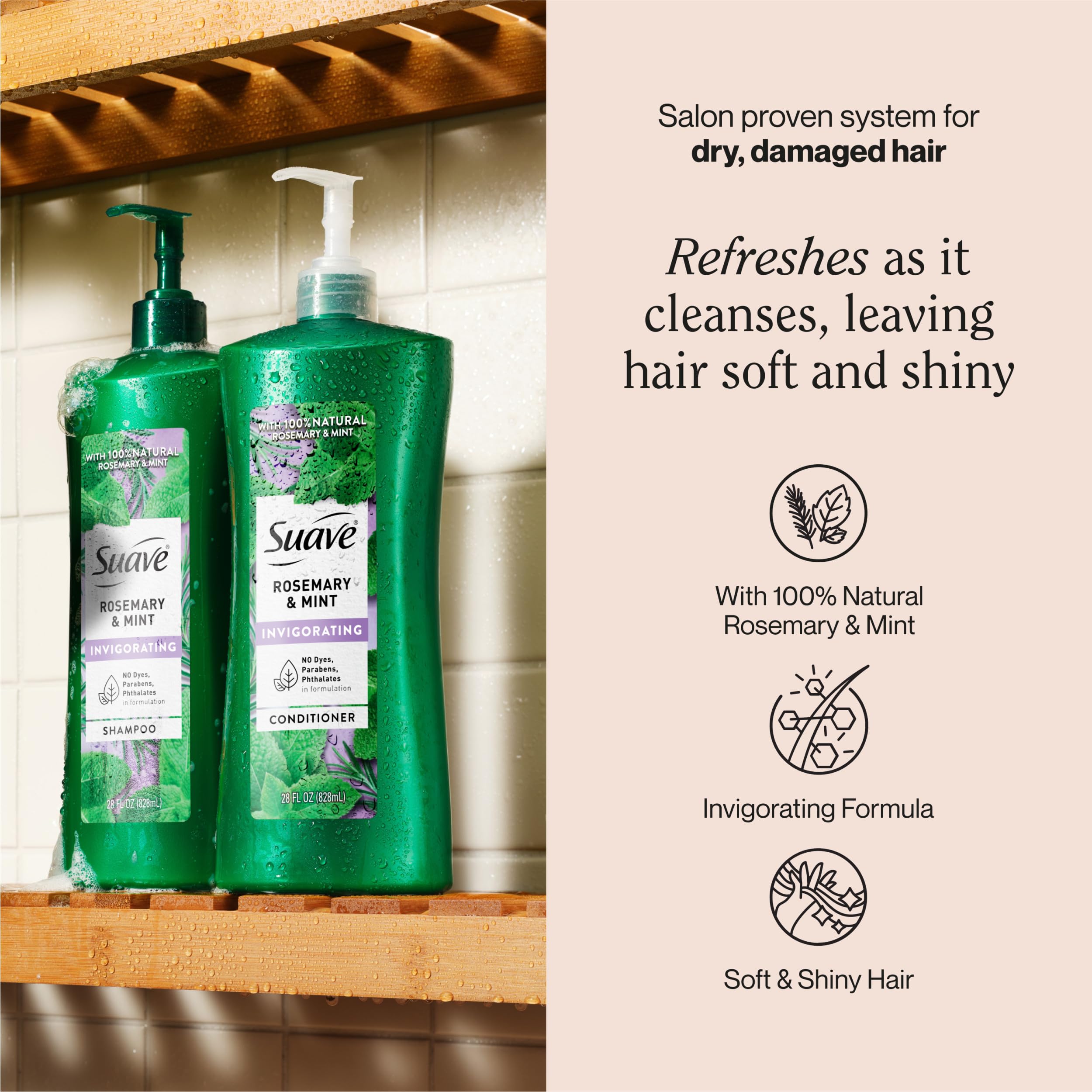 Suave Invigorating Shampoo with Rosemary & Mint, Refreshing & Replenishing Care for Healthy-Looking Hair, No Parabens, Phthalates, or Dyes, 28 FL OZ Bottle