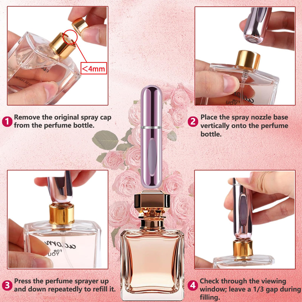 opasyo Refillable Perfume Atomizer, Leak-Proof, 5ml 4 Pack | Portable travel perfume spray bottle. Includes Gold/Pink/Blue/Black. Perfect essentials for traveling and outgoing.