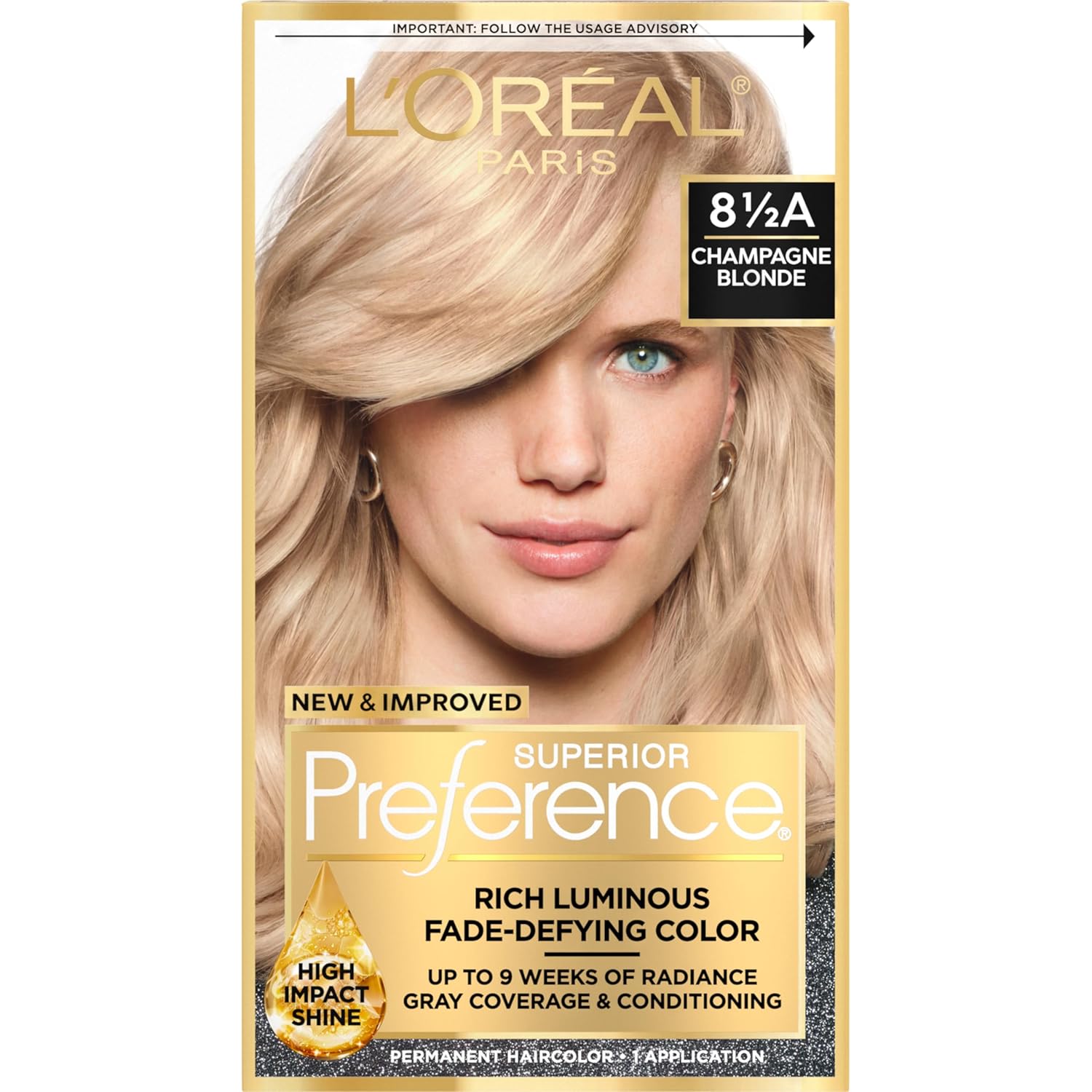 Buy now L'Oreal Paris Superior Preference Luminous Fade-Defying Permanent Hair Color, Hair Dye For Up to 9 Weeks of Radiance, Light Ash Blonde 9A, 1 Hair Dye Kit 8.5A Champagne Blonde 1 Count (Pack of 1) at indiglob india