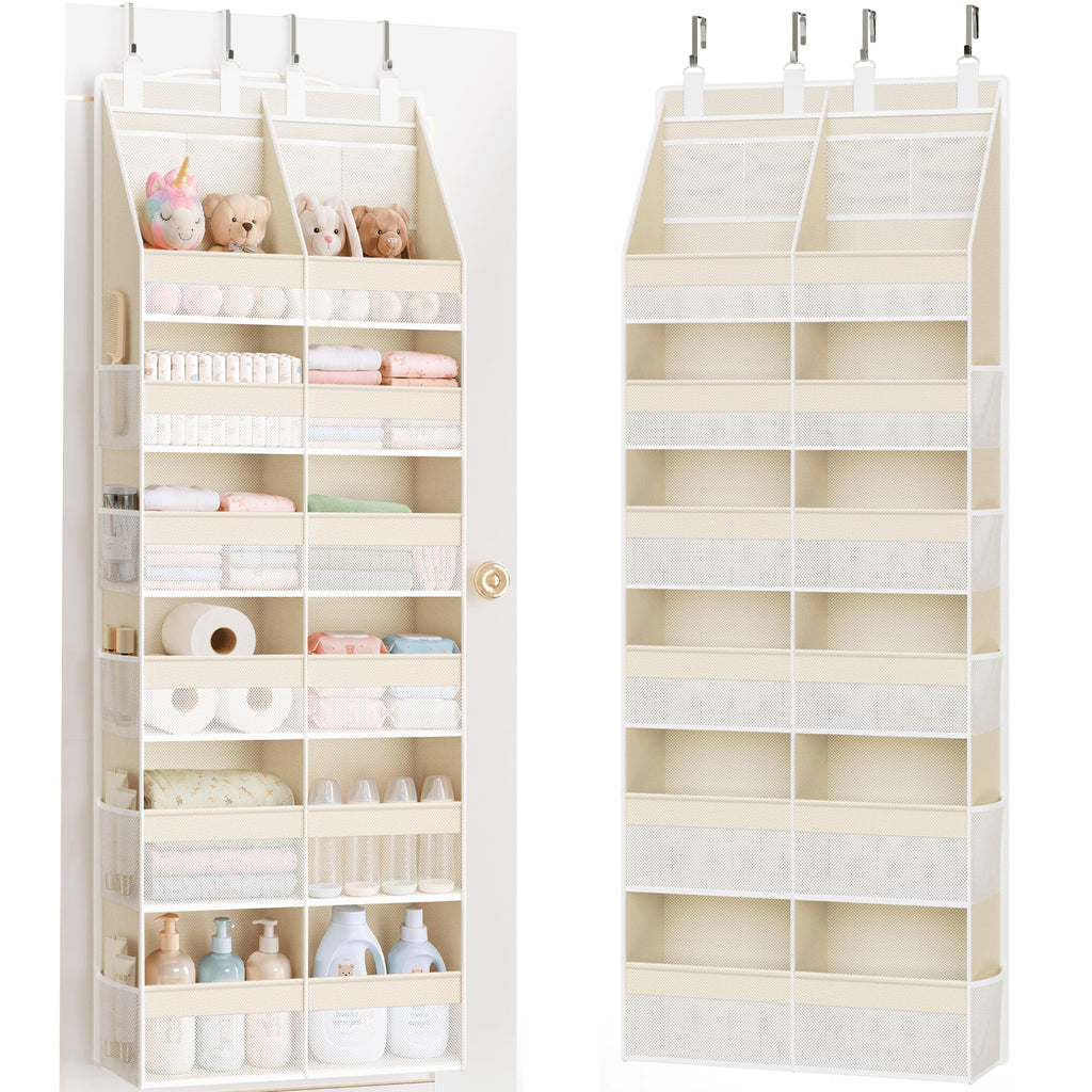 Criusia Over the Door Organizer, Extra Large 12 Compartments Closet Hanging Storage with 14 Mesh Pockets, 85lbs Capacity Behind the Door Storage for Baby Nursery, Bathroom, Bedroom, and Dorm, Beige