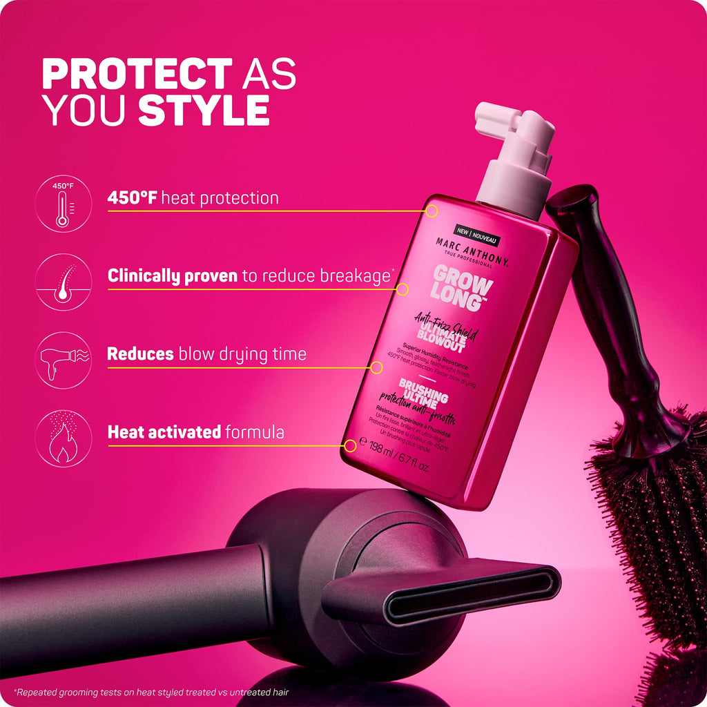 Marc Anthony Grow Long Ultimate Blowout, Anti-Frizz Heat Protection Spray | Ultimate Blowout & Frizz Control - Humidity & Heat Protectant Spray for Smooth, Shiny, Soft Hair - Featherlight Finish 6.7 oz