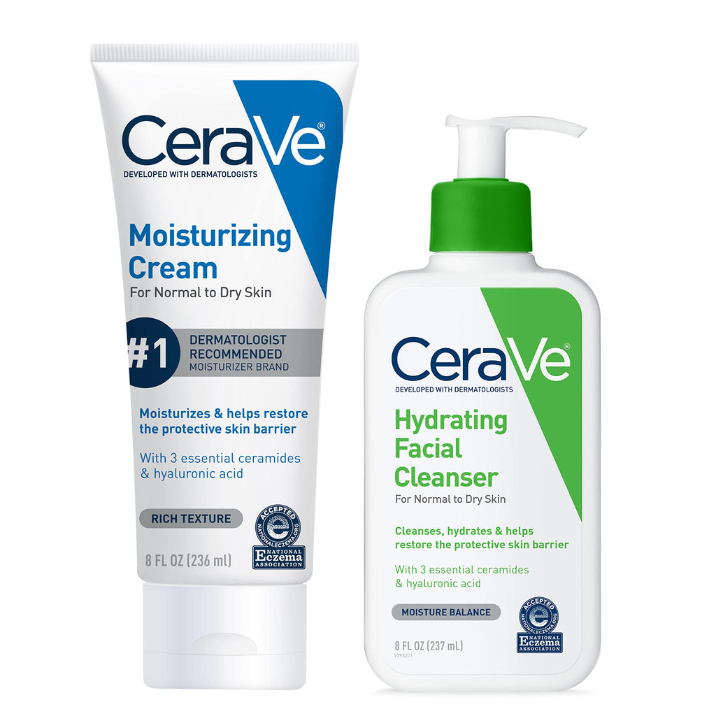 CeraVe Moisturizing Cream & Hydrating Facial Cleanser Set for Dry Skin | Travel Essentials Combo Pack with 1oz Cleanser and 16oz Cream with Pump For Dry Skin Relief