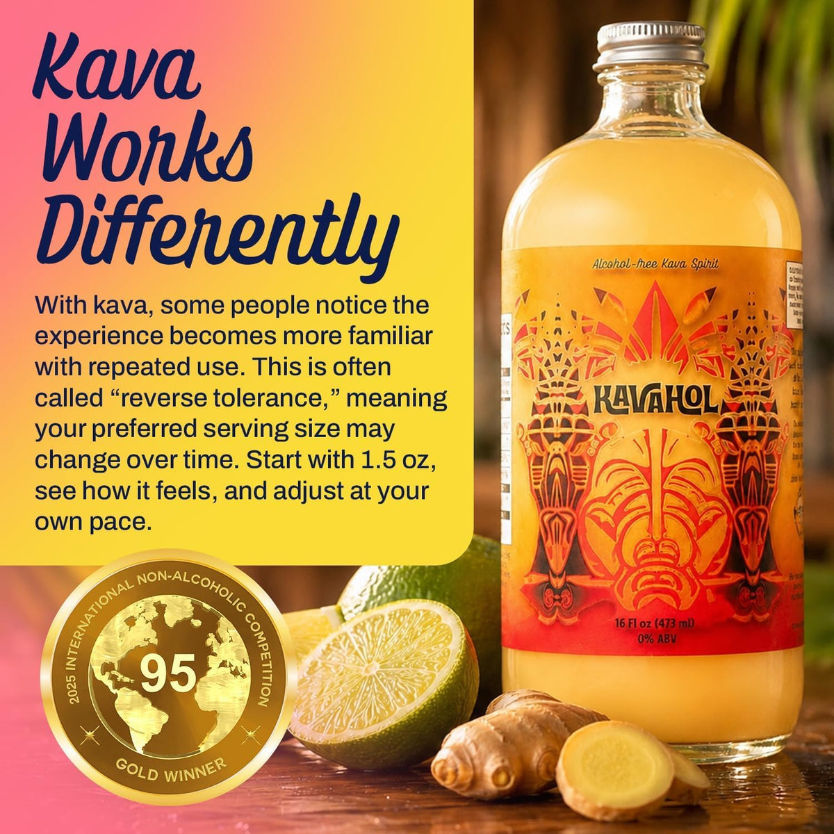 Non-Alcoholic Kava Spirit Drink Fiery Ginger, 16 fl oz, 10 Servings