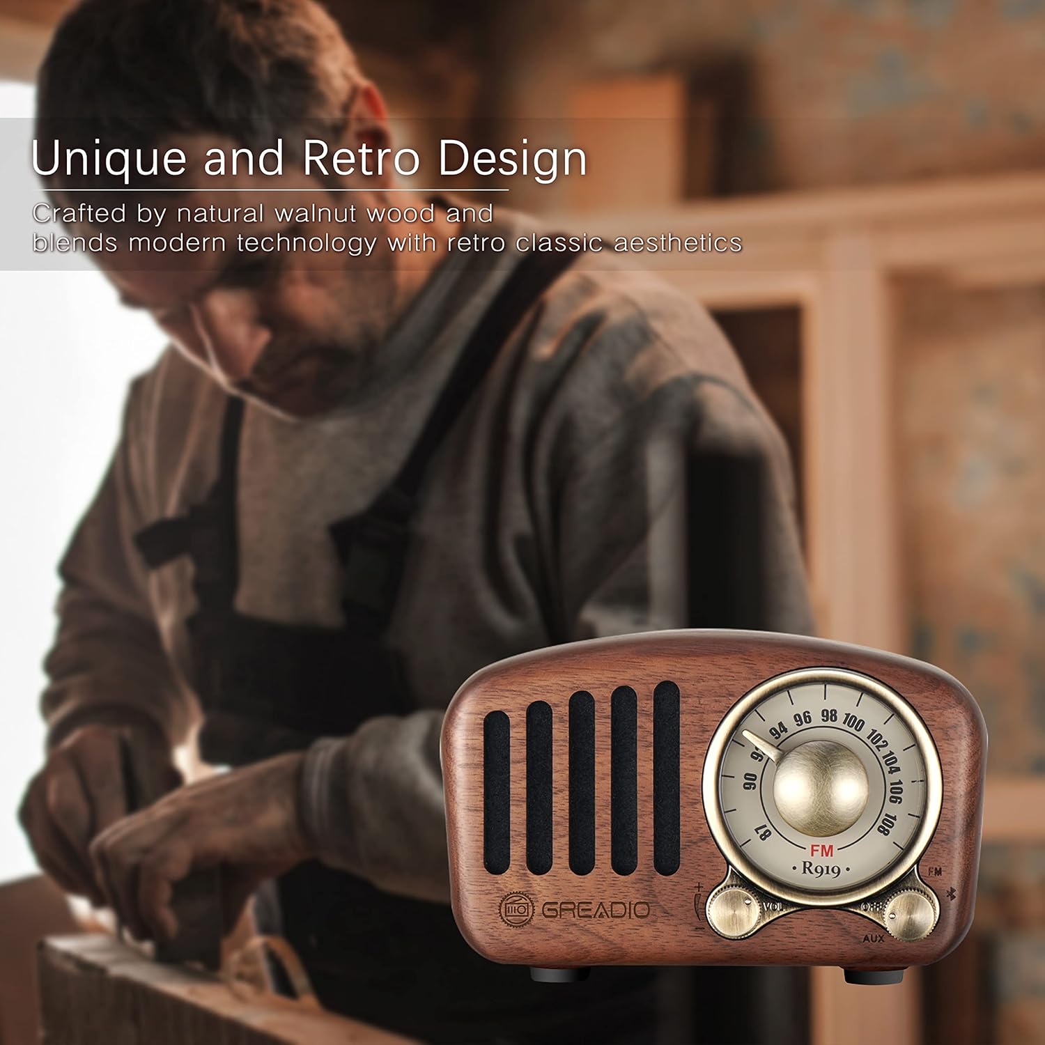 Buy now Vintage Greadio Walnut Wood Bluetooth Speaker Radio - Retro Style, Bass Enhancement, Loud Volume, Bluetooth 5.0, MP3 & FM Radio at indiglob india