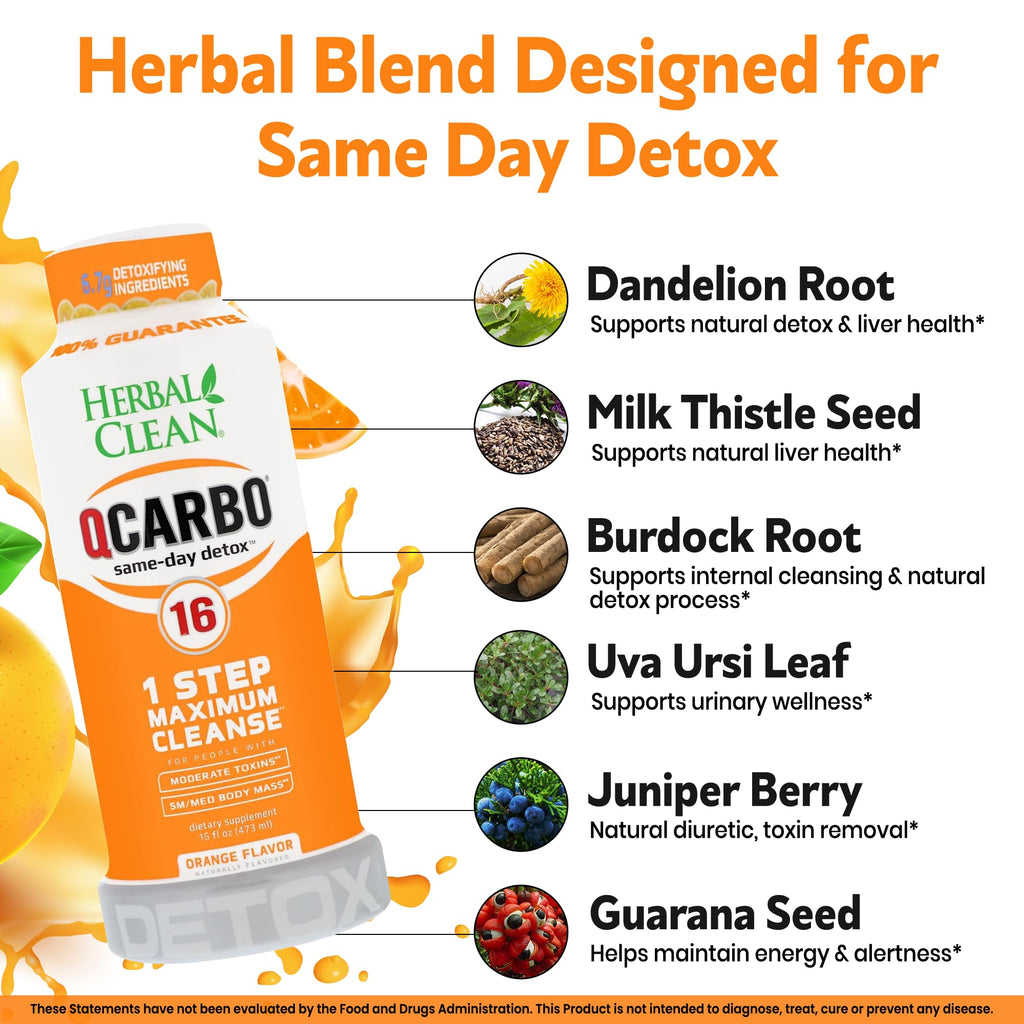 Herbal Clean Qcarbo16 Same-Day Detox Cleanse Drink (16 fl oz) - Orange Flavor Full Body Cleanse* Detox Drink for Moderate Toxin Level*, Vitamin B2 and Vitamin B12 for Men & Women