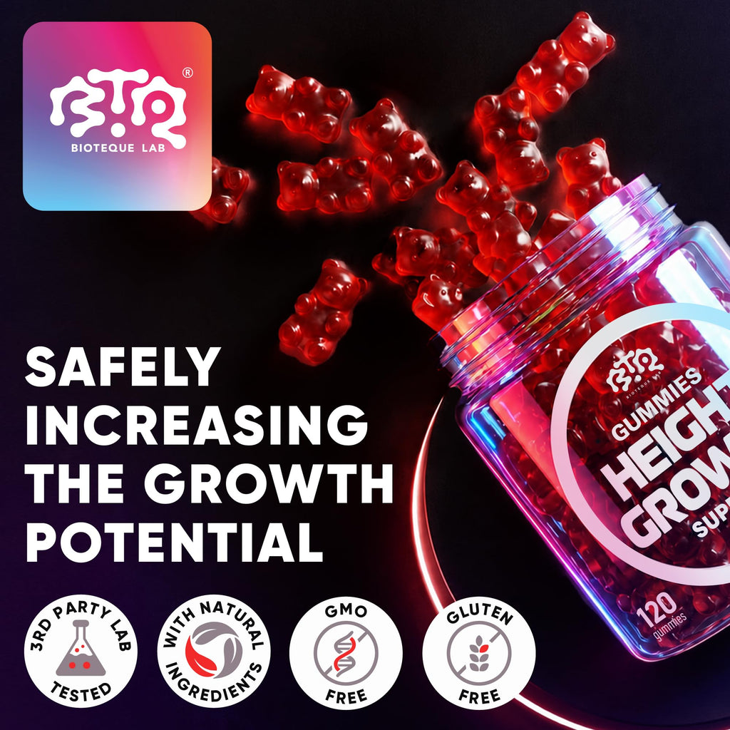 BIOTEQUELAB Height Growth Increase Gummies Vitamins, Grow Tall Supplement, Calcium, Magnesium, Zinc, Ashwagandha, Glucosamine Multivitamin for Teens, Kids, 120 Gummies