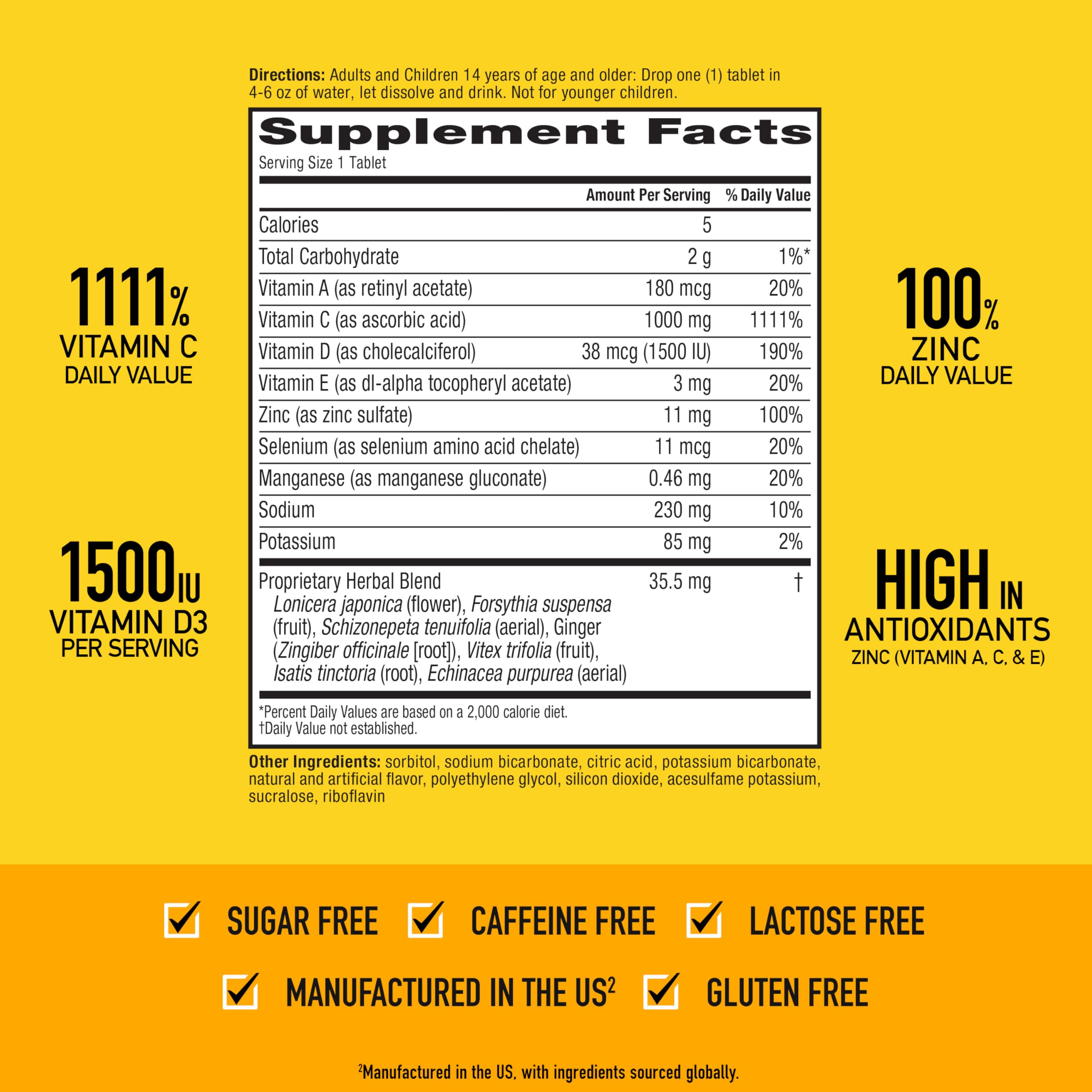 Airborne Immune Support Effervescent Tablets, Zesty Orange Flavor - 30ct with 1000mg Vitamin C + Vitamins A, D, E, Zinc, Selenium, Manganese & Herbal Blend - Sugar‑Free, Gluten‑Free