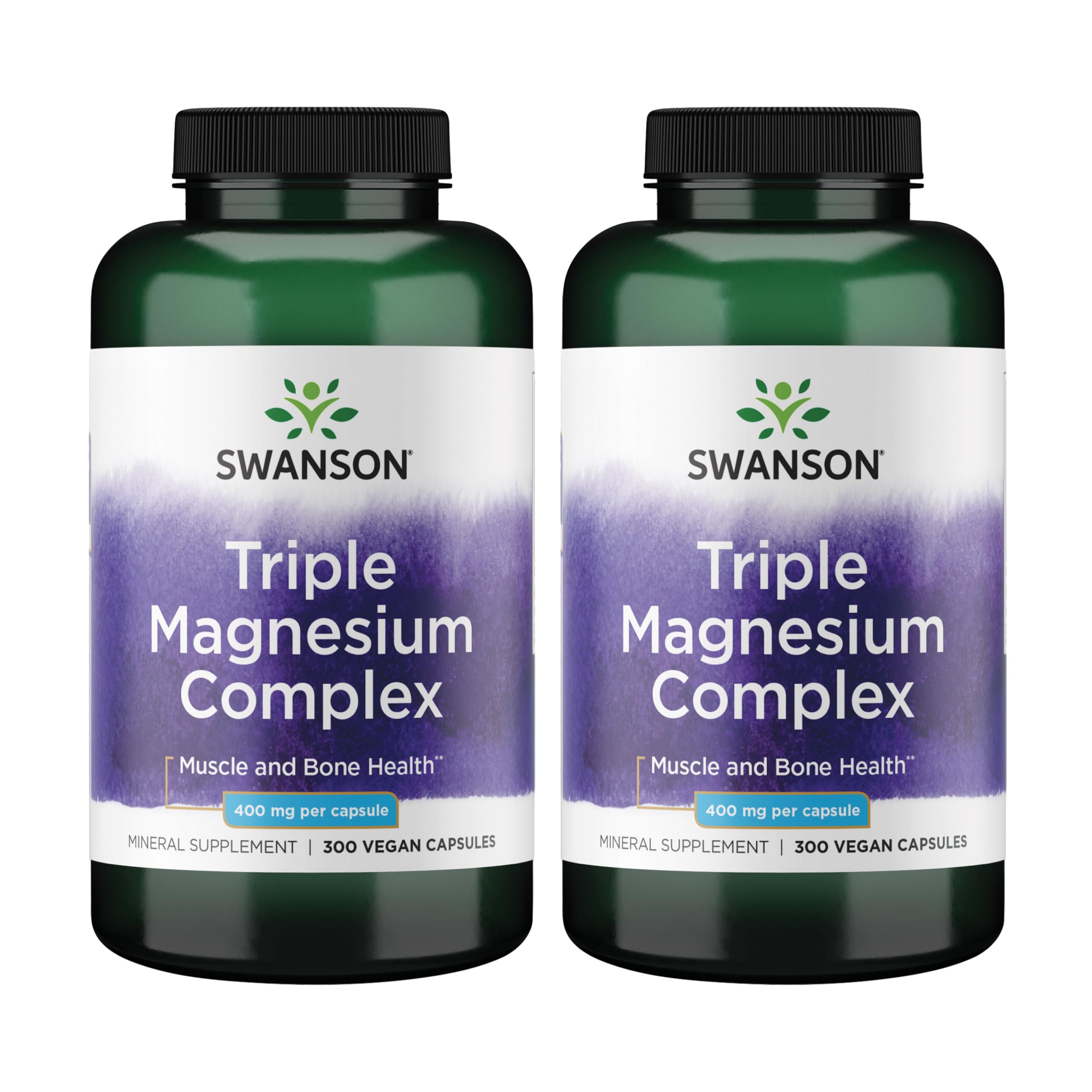 Swanson Triple Magnesium Complex 400 mg, 300 Vegan Capsules | Three Forms of Magnesium for Nerve, Muscle and Bone Health, Optimal Absorption and Healthy Stress Response