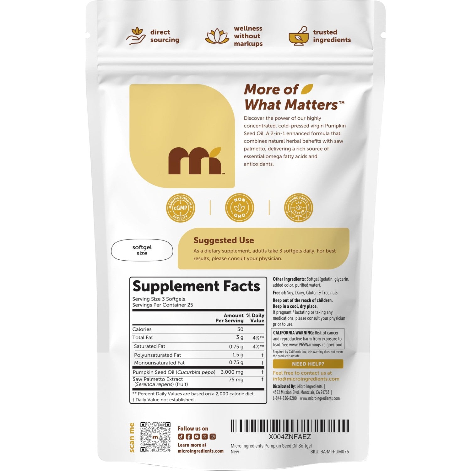 Micro Ingredients Pumpkin Seed Oil with Saw Palmetto, 75 Softgels | Cold Pressed, Pure Virgin Oil, Essential Fatty Acids & Phytosterols | Hair Growth & Prostate Health Support* | Non-GMO