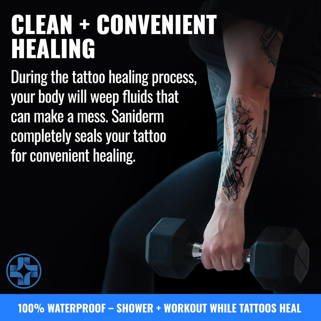 Saniderm - Tattoo Aftercare Bandage 10 Sheets - 4 x 4 Inch Small Pack | Contains Waterproof, Sterile, Latex-Free Bandage Sheets and Medical-Grade Tattoo Aftercare Film for Fresh Ink Protection.
