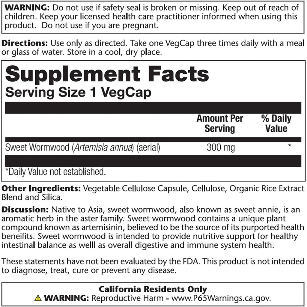 Buy now SOLARAY Sweet Wormwood Aerial, Veg Cap (Btl-Plastic) 300mg 100ct at indiglob india