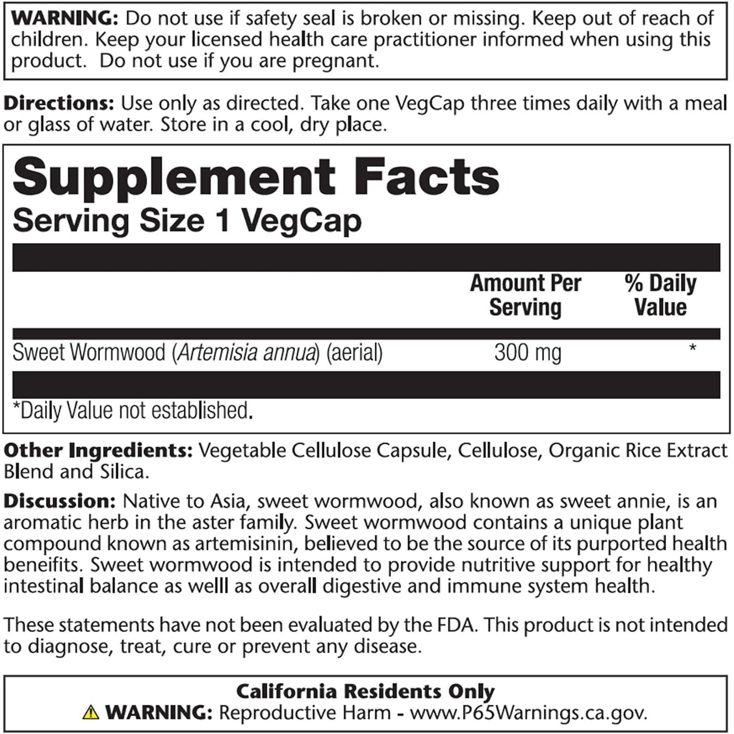 Buy now SOLARAY Sweet Wormwood Aerial, Veg Cap (Btl-Plastic) 300mg 100ct at indiglob india