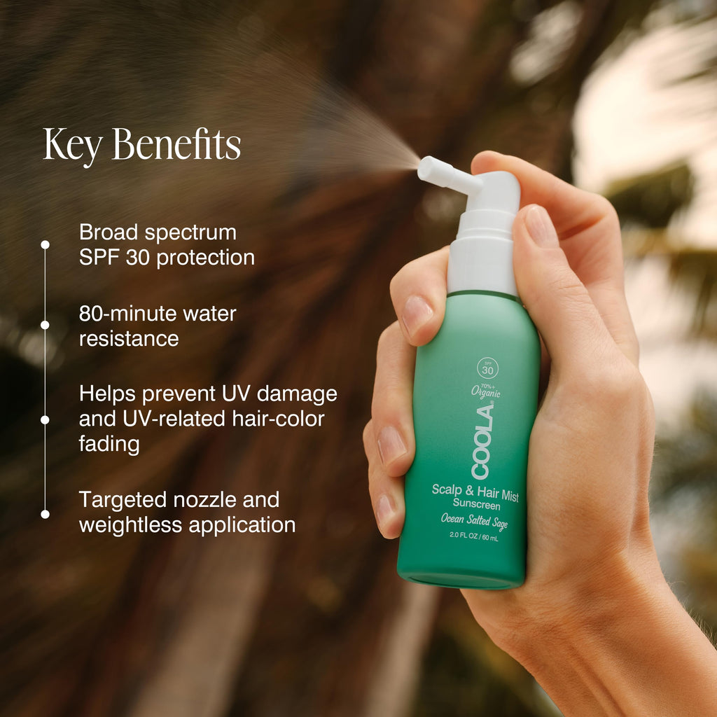 COOLA Scalp and Hair Spray Sunscreen SPF 30 Mist, 2 fl oz | Organic, Non-greasy, Lightweight, Scalp Sunscreen, Dermatologist Tested, UV Protection for Hair and Scalp, Protect Your Part