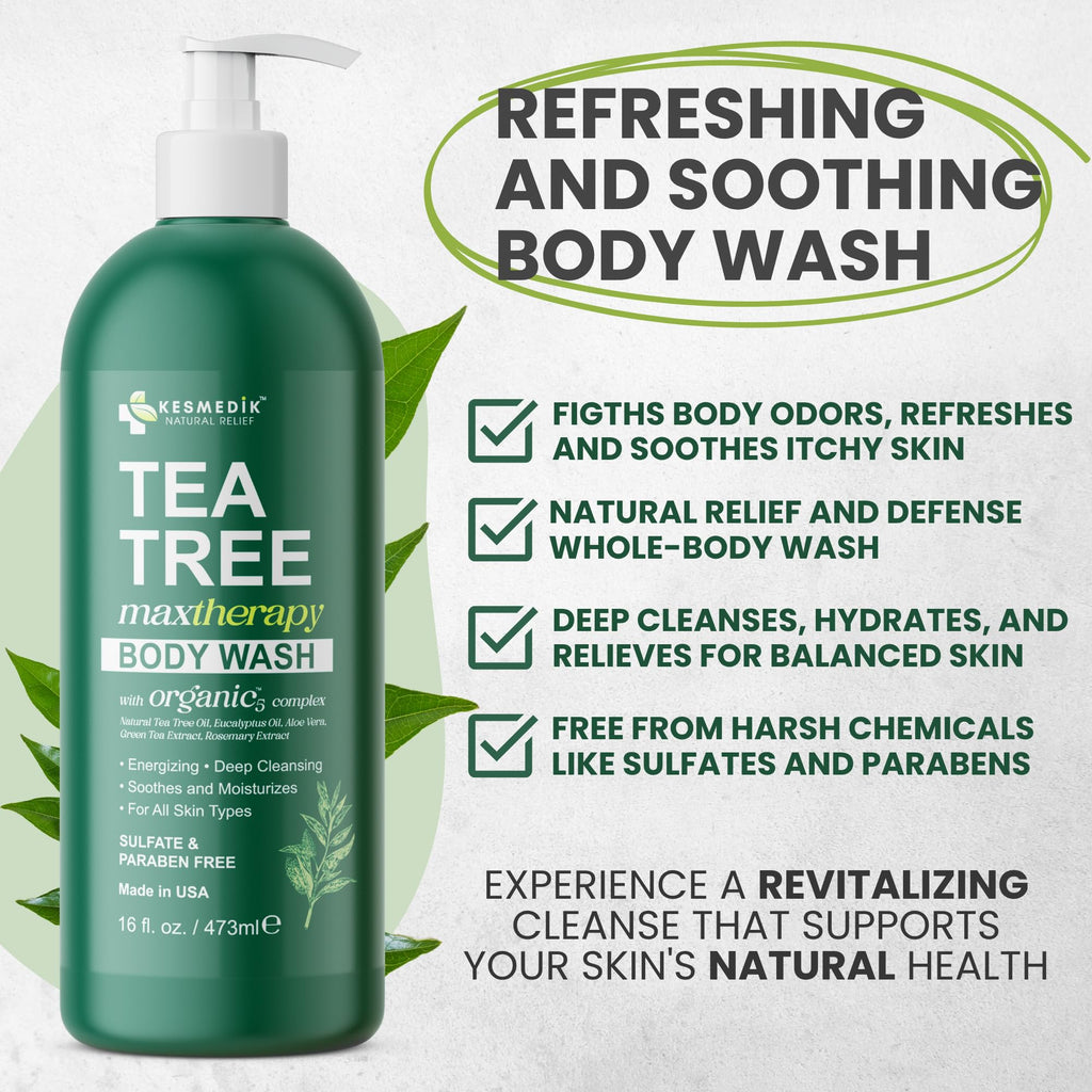 KESMEDIK Tea Tree Body Wash MaxTherapy with 100% Tea Tree Oil for Skin, Eucalyptus & Aloe Vera | Purifying Body Soap, Soothes & Refreshes Sensitive, Itchy Skin, Men & Women, 16 Fl Oz (Pack of 2)