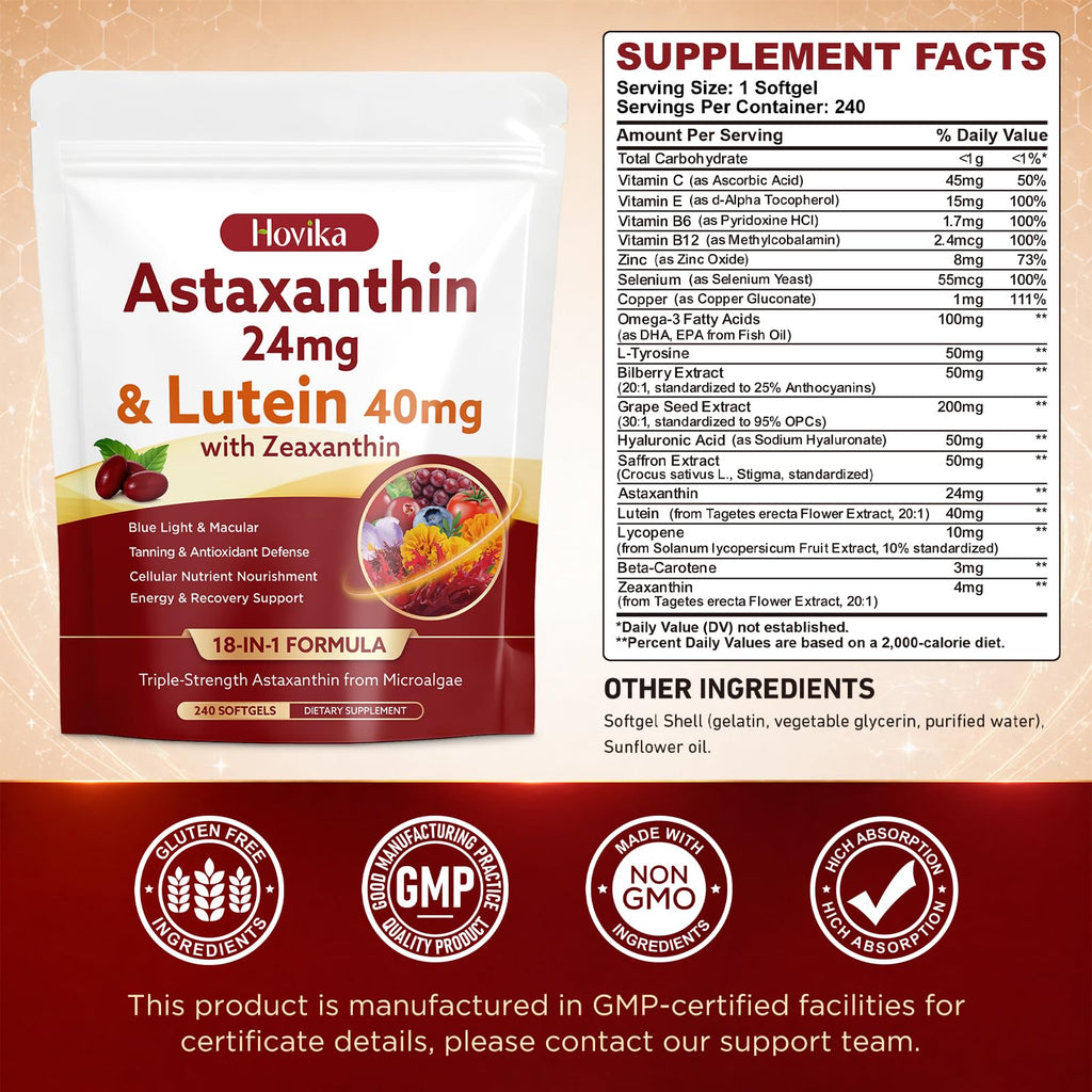 18-in-1 Astaxanthin 24mg & Lutein 40mg with Zeaxanthin Supplements, Fresh Microalgae Source with Lycopene, Grape Seed, Vitamin E, & More Supports Eye, Skin, Antioxidant, 8 Month Supply, 240ct