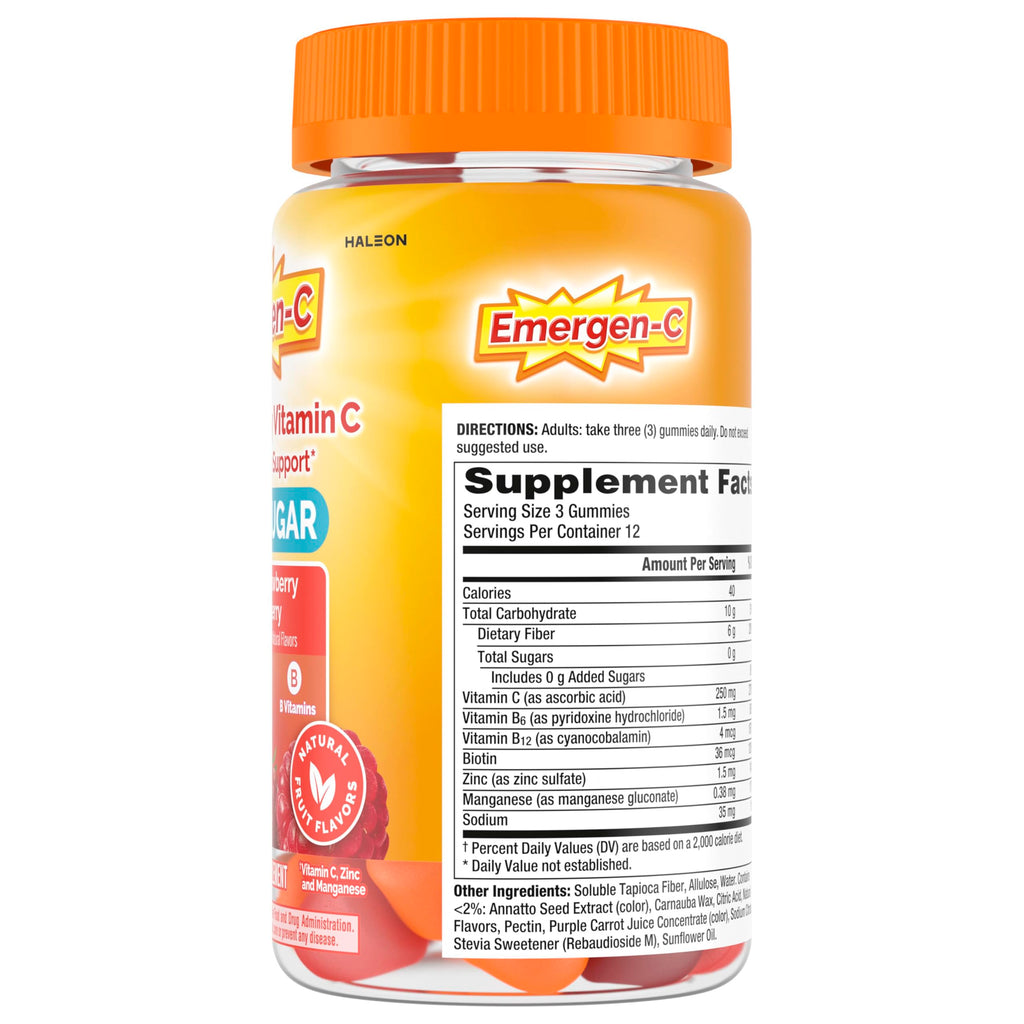 Emergen-C Vitamin C 250mg Gummies, Immune Support, Mixed Fruit, 36 Gummies | Zero Sugar, B Vitamins for Energy, Zinc and Manganese, Naturally Flavored, Allulose Sweetened