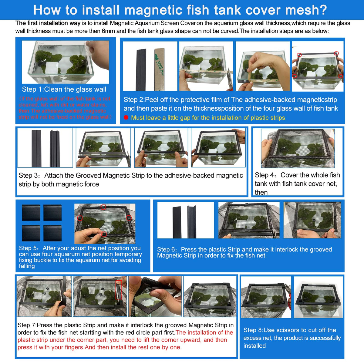 Magnetic Aquarium lid Fish Tank Hood top Cover Anti-Jumping net Cover mesh to Protect Fishs Jumping Out of Fishes Tank Hoods
