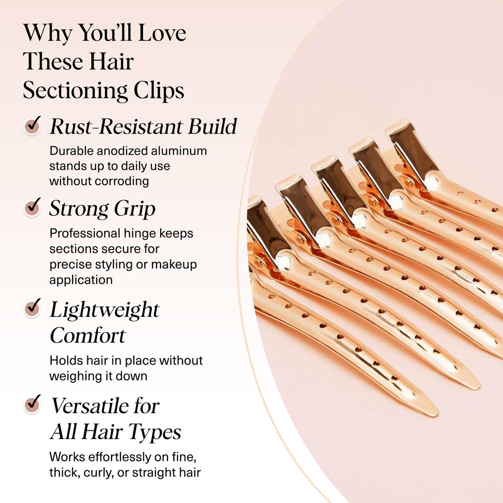 Kitsch Professional Alligator Clips - Rose Gold, 6 Pcs | 3.5" Aluminum Duckbill Hair Clips for Styling – Great Hair Sectioning Clips For Salon, Makeup Application