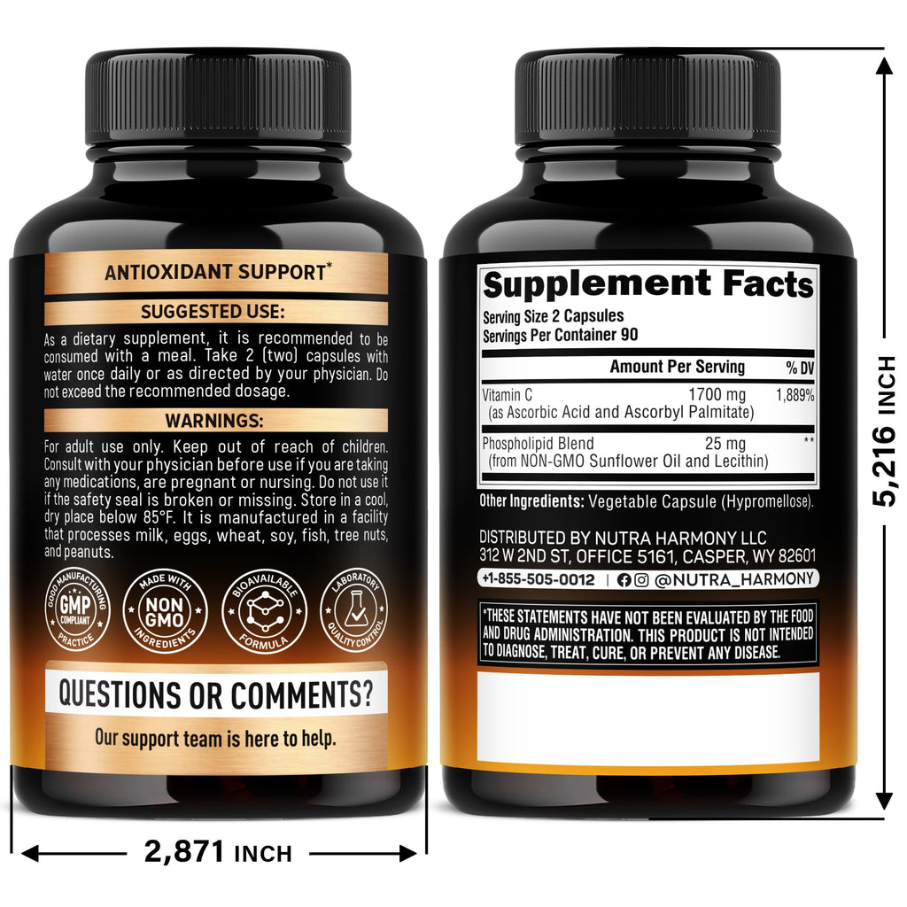 Liposomal Vitamin C 1700mg - High Absorption Vitamin C Supplement - 180Caps | Fat Soluble Complex - Antioxidant, Energy Boost & Immune Support for Men & Women - NON-GMO, SOY-Free & Gentle on Stomach