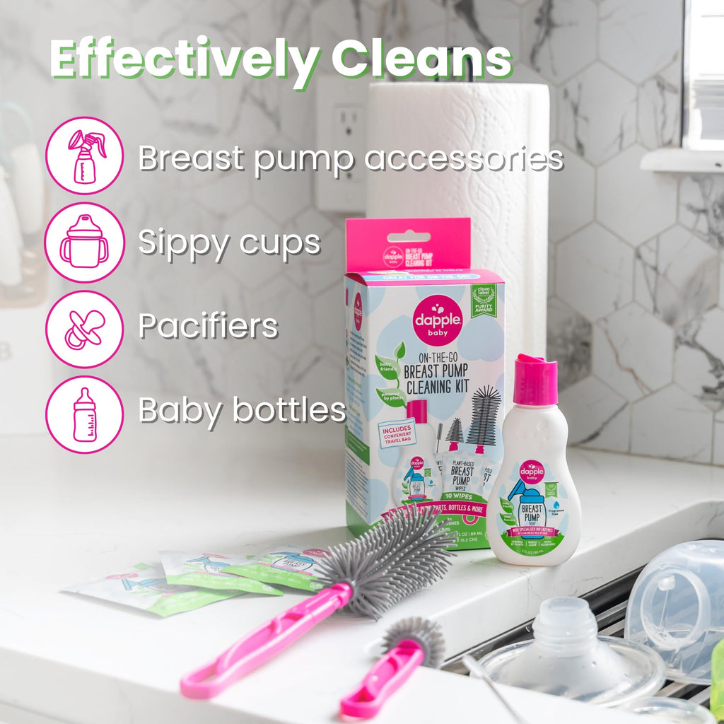 Dapple Baby - Breast Pump Cleaning Kit, 3 Brushes - 3oz Soap, 10ct Wipes