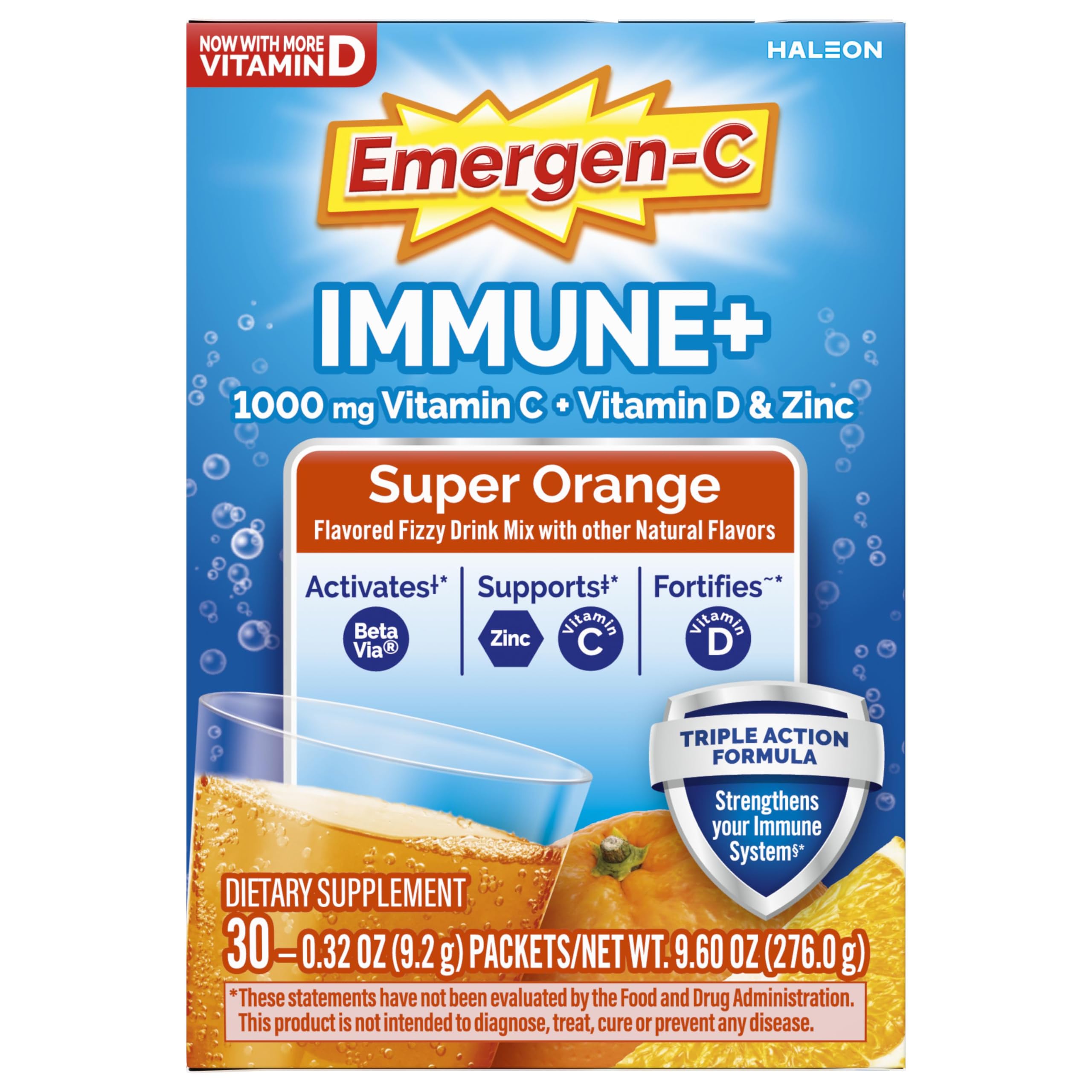 Emergen-C Immune+ Triple Action Immune Support Powder, Super Orange, 30 ct | With BetaVia (R), 1000mg Vitamin C, B Vitamins, Vitamin D and Antioxidants, Super Orange, Back to School Essentials