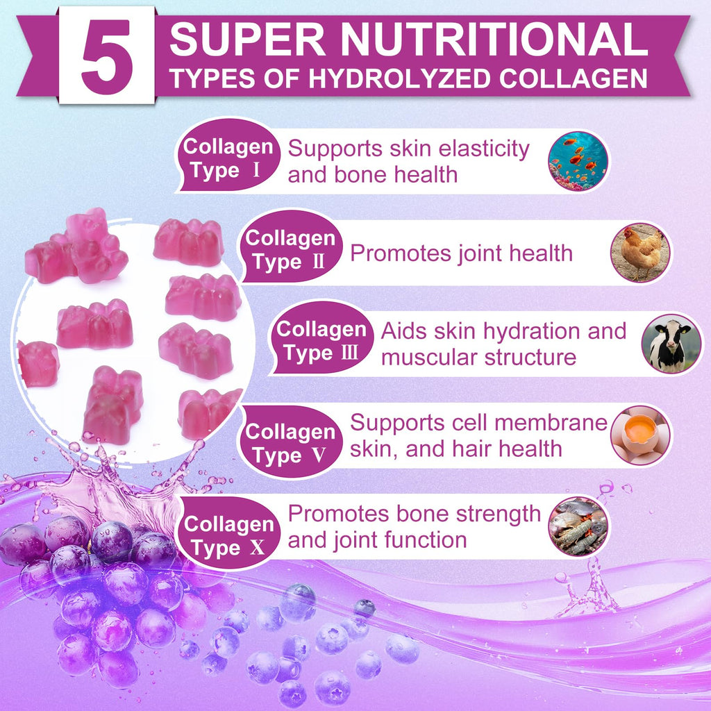 Nature's live Multi Collagen Peptides Gummies, Type I, II, III, V, X | Hydrolyzed Collagen Peptides Gummies, Supports Healthy Skin, Strong Nails & Thick Hair, Grape Blueberry Flavor, 2 Pack