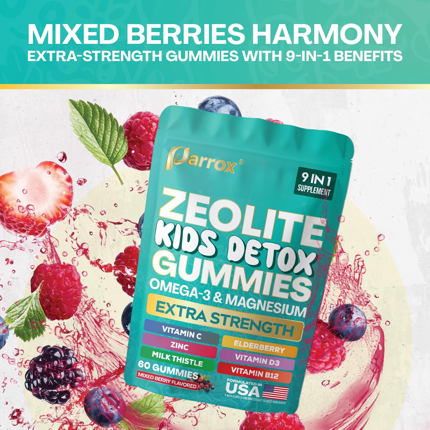 Zeolite Kids Detox Gummies, 9-in-1 Sugar-Free, Mixed Berry, 2 Pack | Extra Strength with Zeolite, Omega-3, Magnesium, Elderberry, Vitamin C, Milk Thistle, Vitamin D3, Zinc, B12