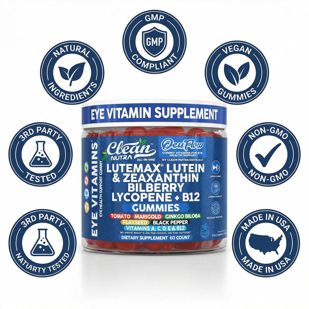 Clean Nutra Lutein and Zeaxanthin Eye Vitamins Gummies + Bilberry for Eyes Vision Support Ginkgo Biloba Marigold, Vitamin B12 Flaxseed Black Pepper CoQ10 Vitamin A l 60 Count B OcuFlow