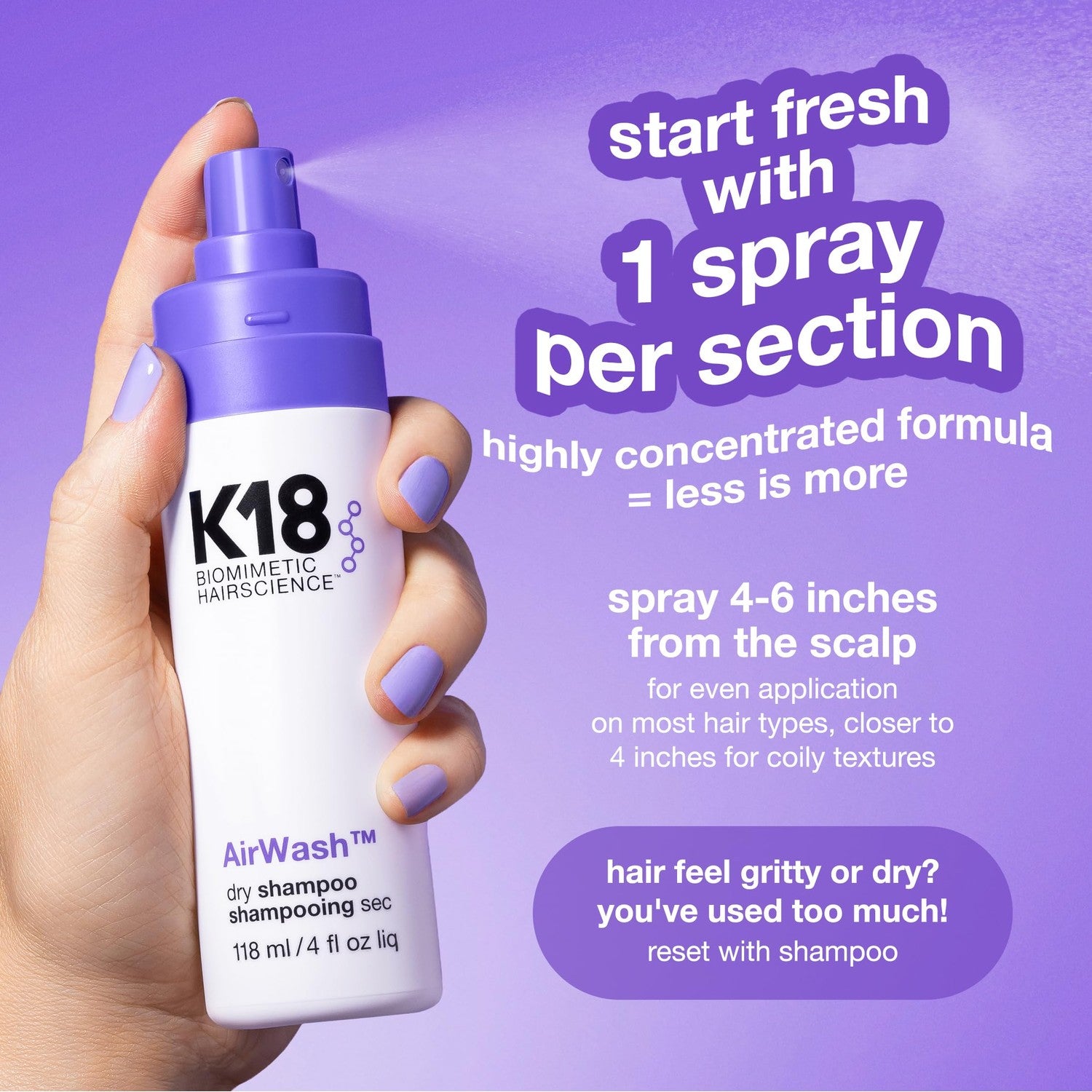 K18 AirWash™ Dry Shampoo, Non-Aerosol, Balances Scalp & Controls Excess Oil Production