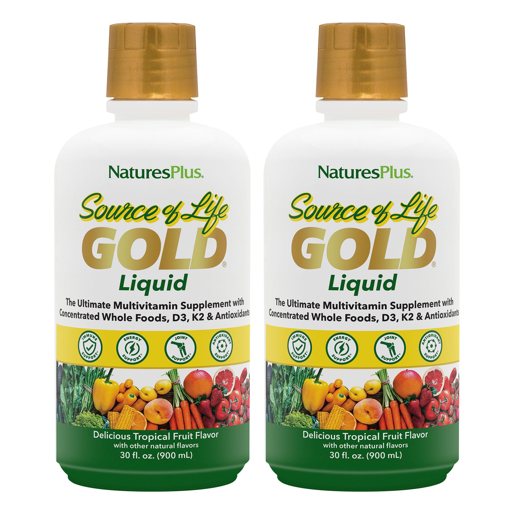 NaturesPlus Source of Life GOLD Multivitamin Liquid - 30 fl oz, Pack of 2 - Includes Vitamins D3, B12, K2 & Over 120 Whole Food Nutrients - 60 Total Servings