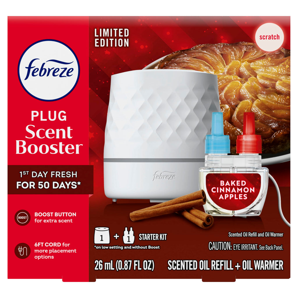 Febreze Plug Scent Booster Starter Kit, Oil Diffuser, Air Freshener Plug in, Continuous Scent, 2 Devices + 2 Baked Cinnamon Apple Refill