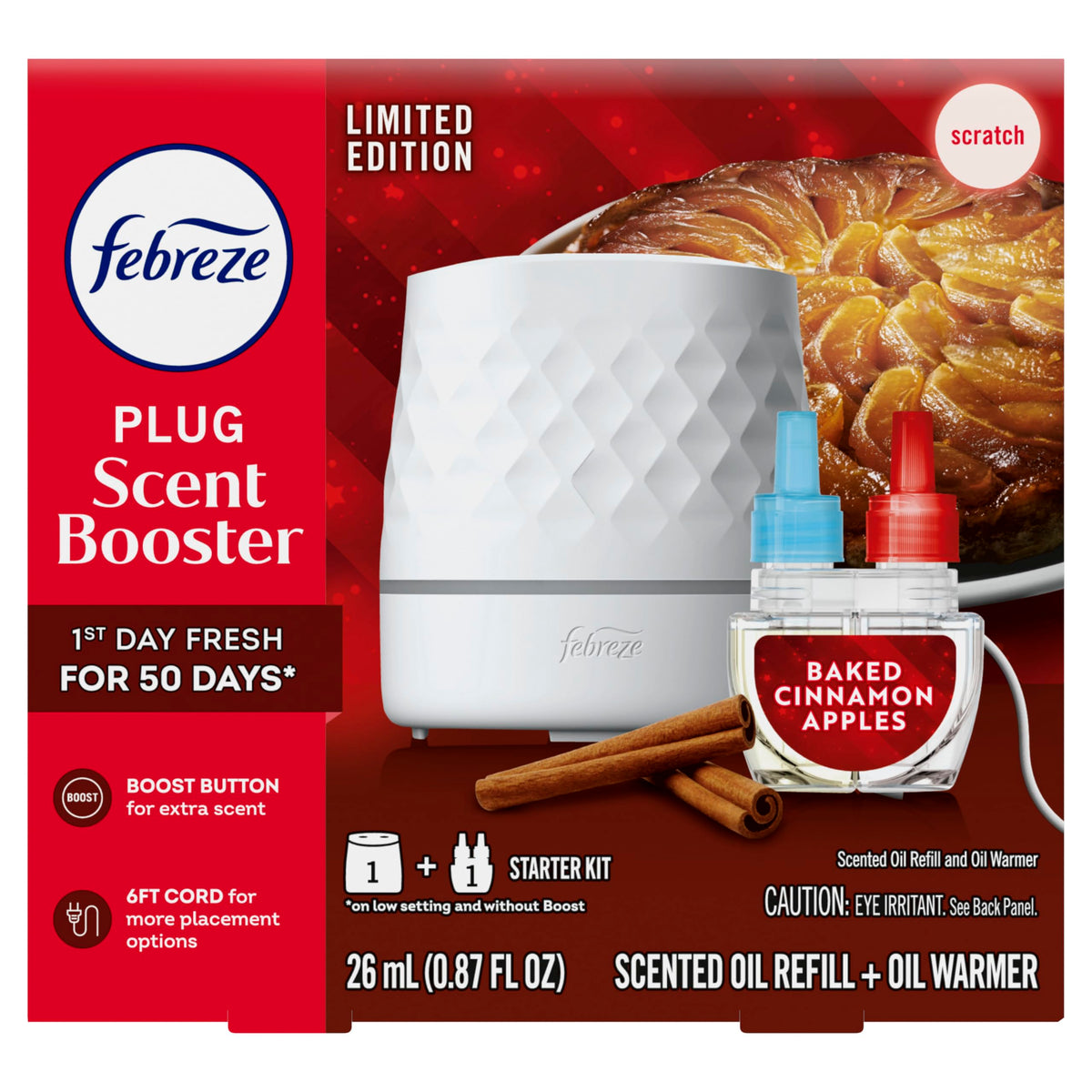 Febreze Plug Scent Booster Starter Kit, Oil Diffuser, Air Freshener Plug in, Continuous Scent, 2 Devices + 2 Baked Cinnamon Apple Refill