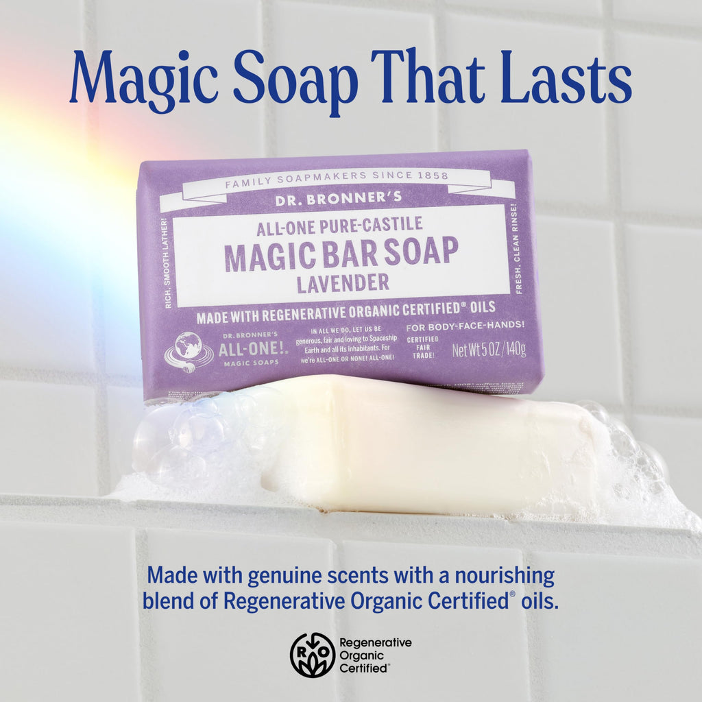 Buy now Dr. Bronner's Pure-Castile Magic Bar Soap - Made with Regenerative Organic Certified Oils - For Face, Body, Hair- Gentle on Sensitive Skin - Vegan Soap Bars for Men & Women - Lavender, 2 Pack, 5oz at indiglob india