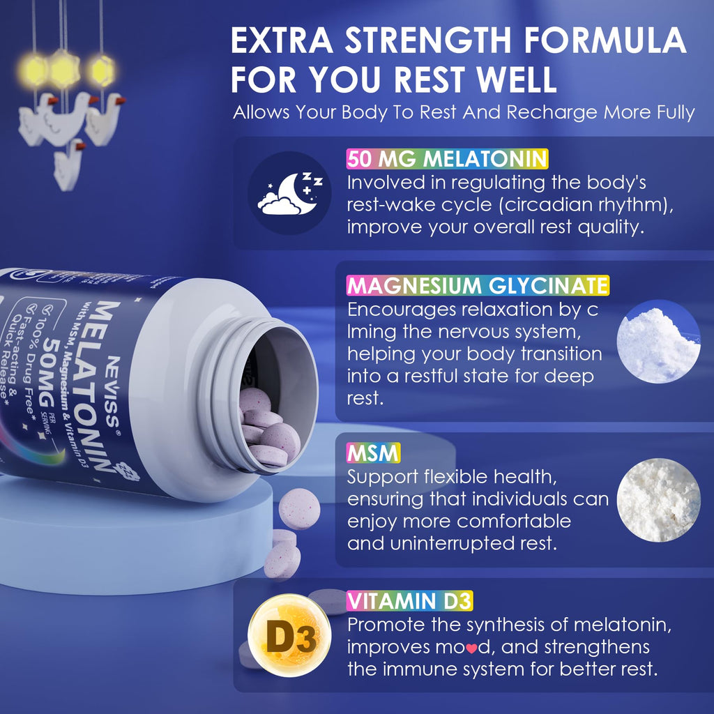 NEVISS Melatonin 50 mg for Adults - Extra Strength 9-in-1 Fast Dissolve Sublingual - High Dose with Magnesium Glycinate, Vitamin D3, Ashwagandha, Lemon Balm, Chamomile, Sugar Free, Vegan,60 Tablets
