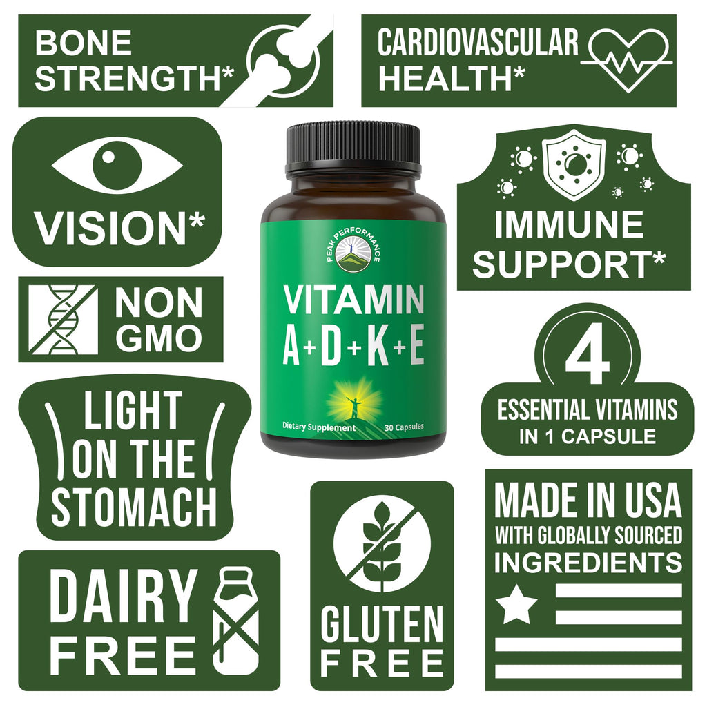 Peak Performance Vitamins D 5,000 iu + A + K + E All in 1 Vegan Capsule | ADK Vitamin Supplement with E D3 K2. Essential Vitamins for Mood, Immune, Bone, Vision, Heart. Easy to Swallow Capsules